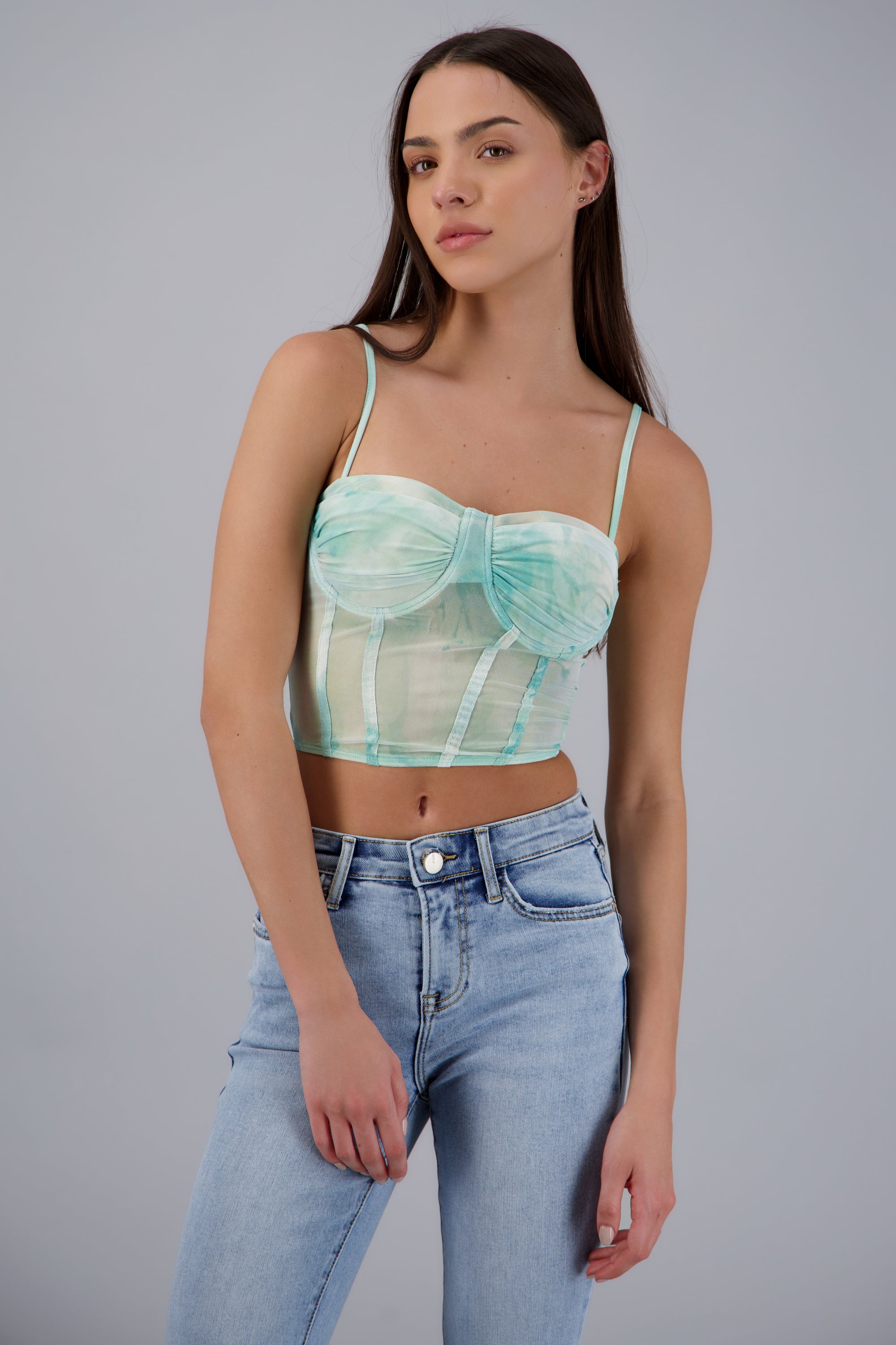 Blusa corset mesh flores con copas VERDE COMBO
