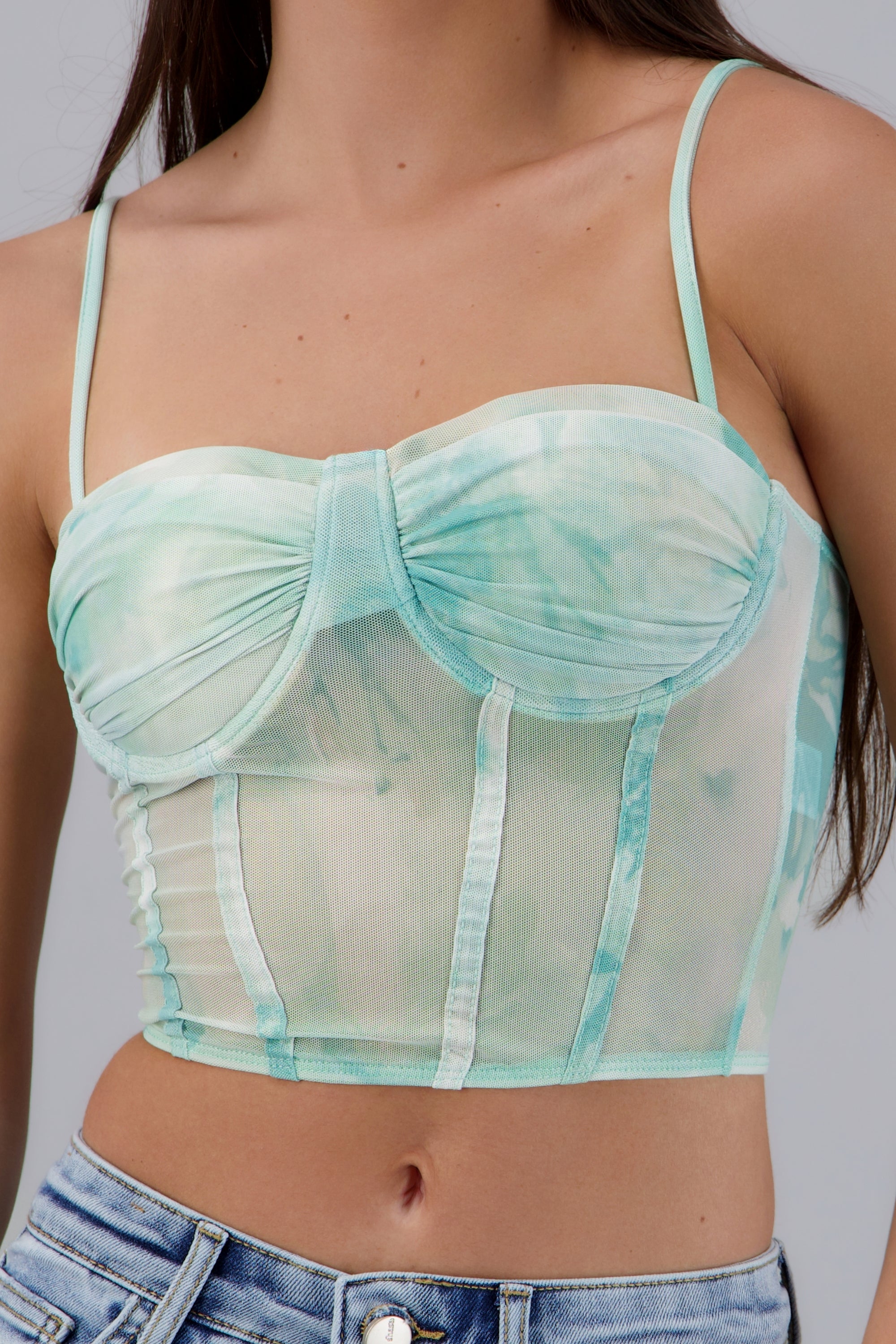 Blusa corset mesh flores con copas VERDE COMBO