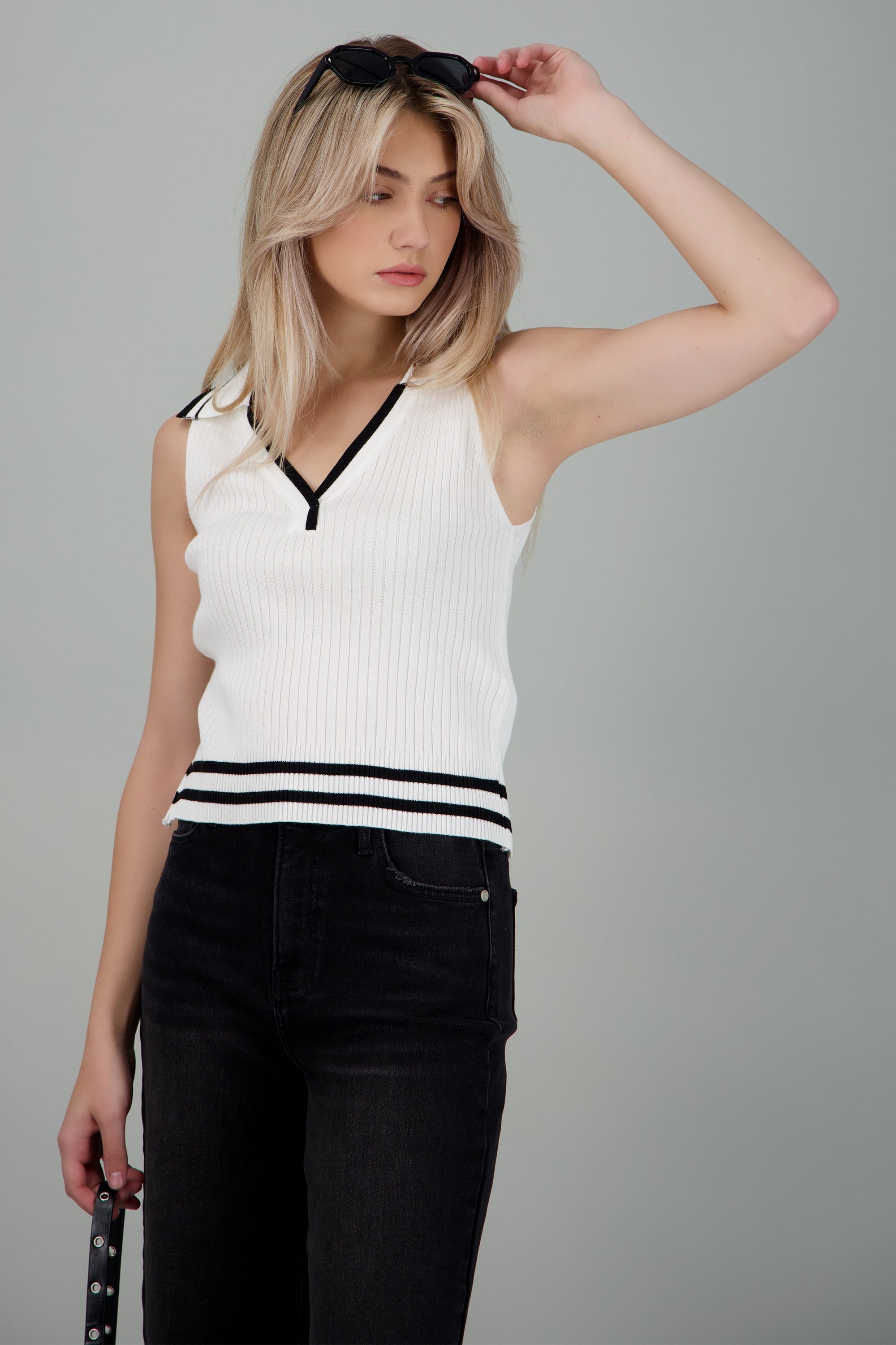 Top polo contraste tejido BLANCO COMBO