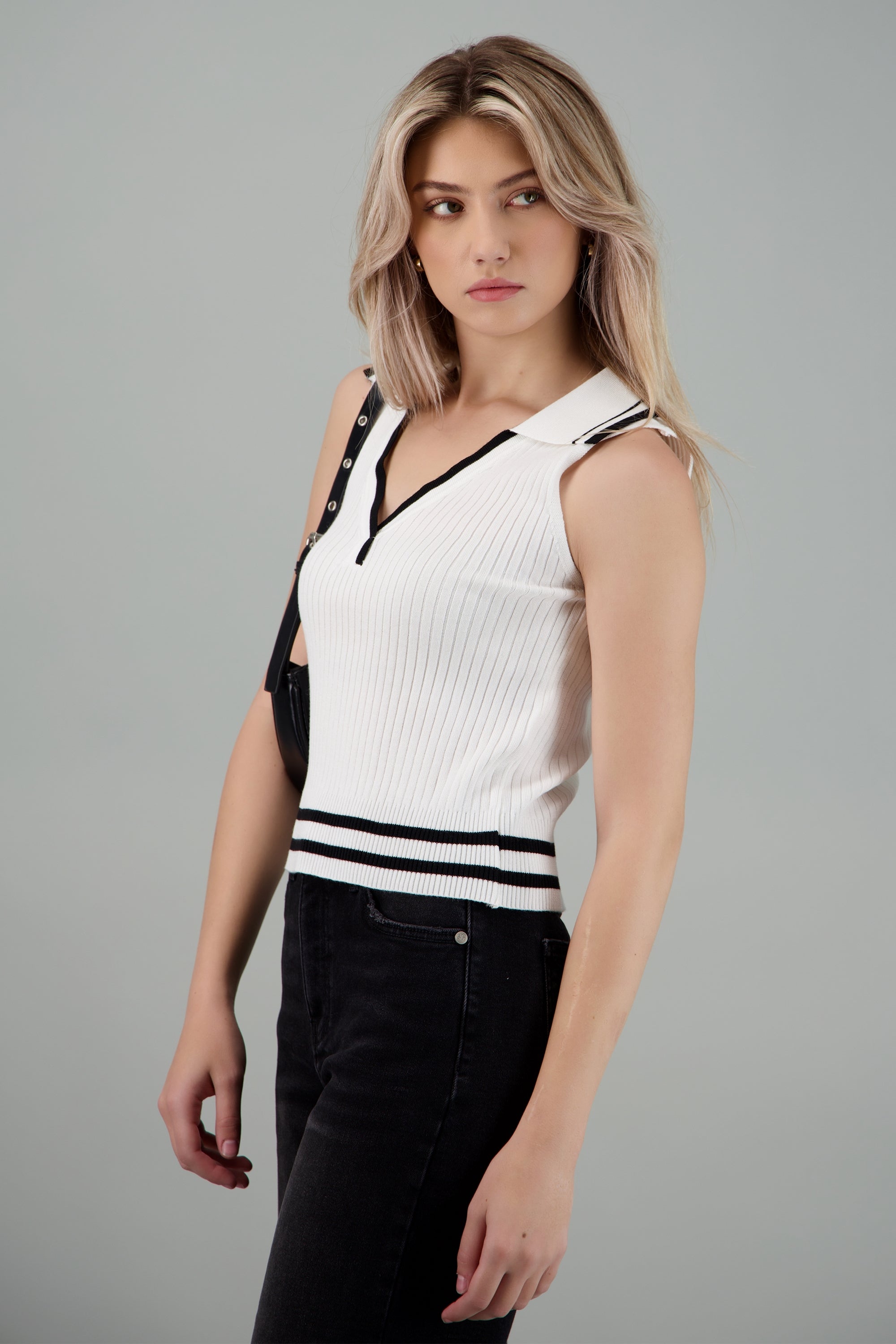 Top polo contraste tejido BLANCO COMBO