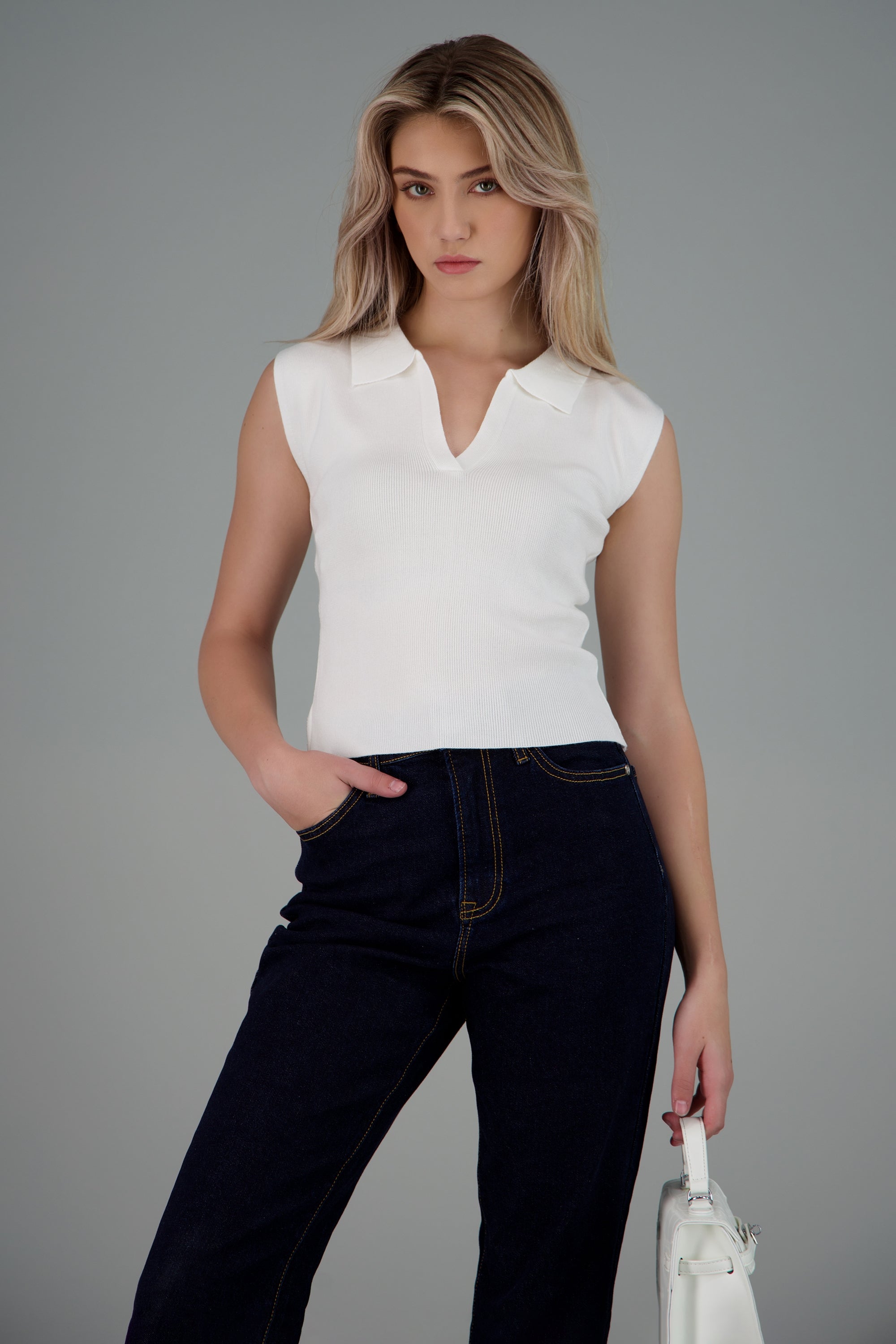 Top polo liso tejido BLANCO