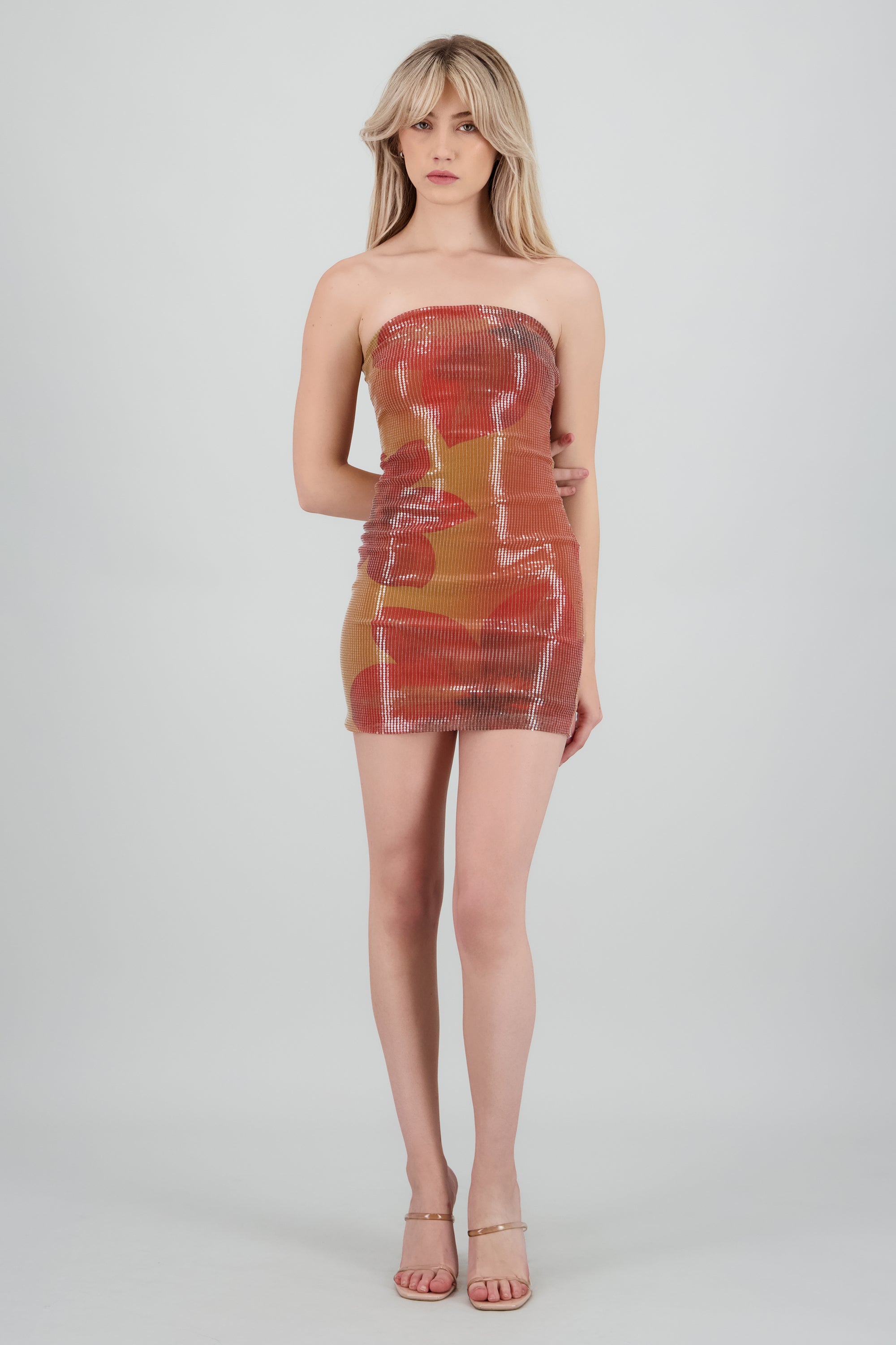 Vestido mini bandeau flores lentejuelas NARANJA COMBO