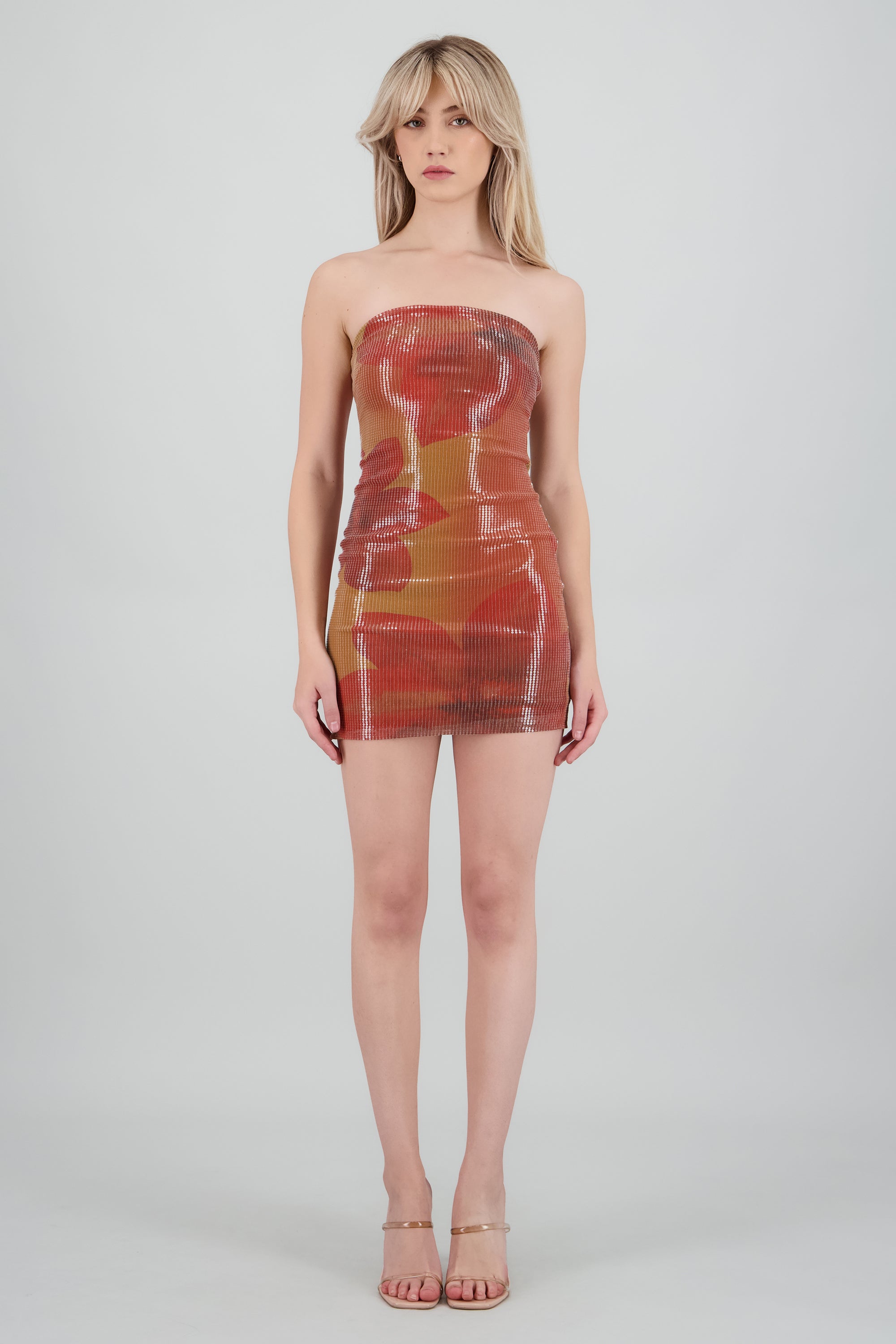 Vestido mini bandeau flores lentejuelas NARANJA COMBO