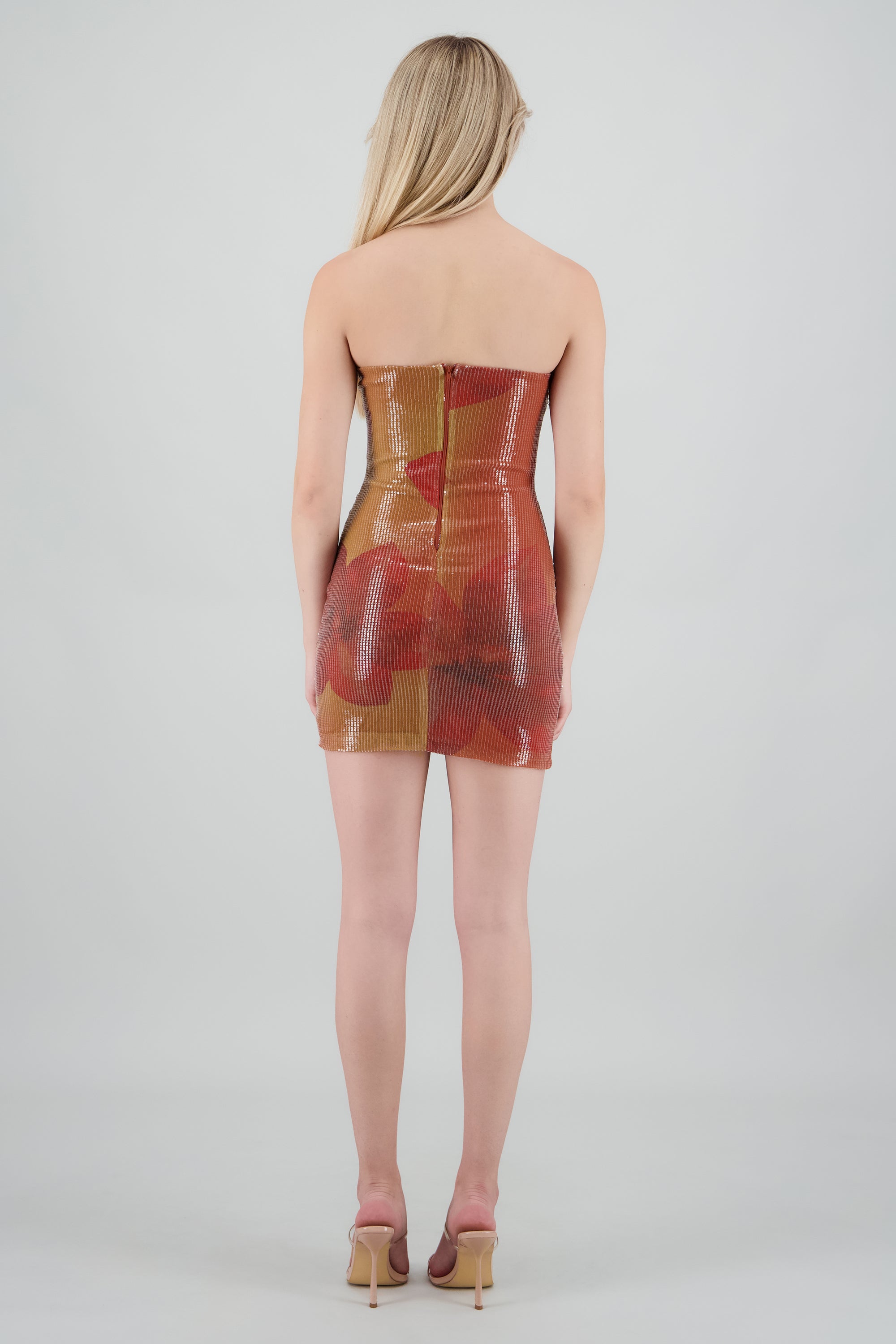 Vestido mini bandeau flores lentejuelas NARANJA COMBO