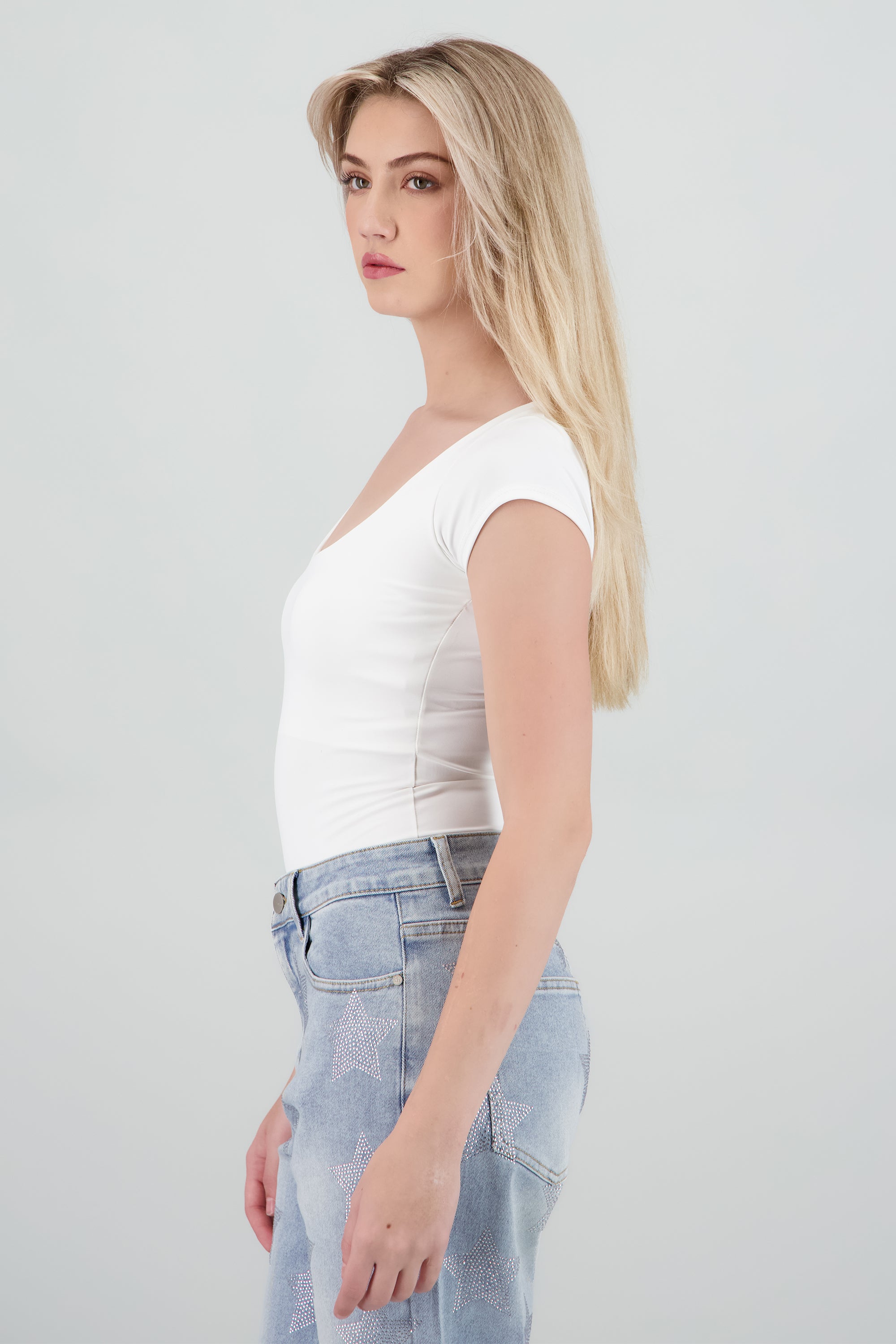 Bodysuit escote redondo manga corta liso BLANCO