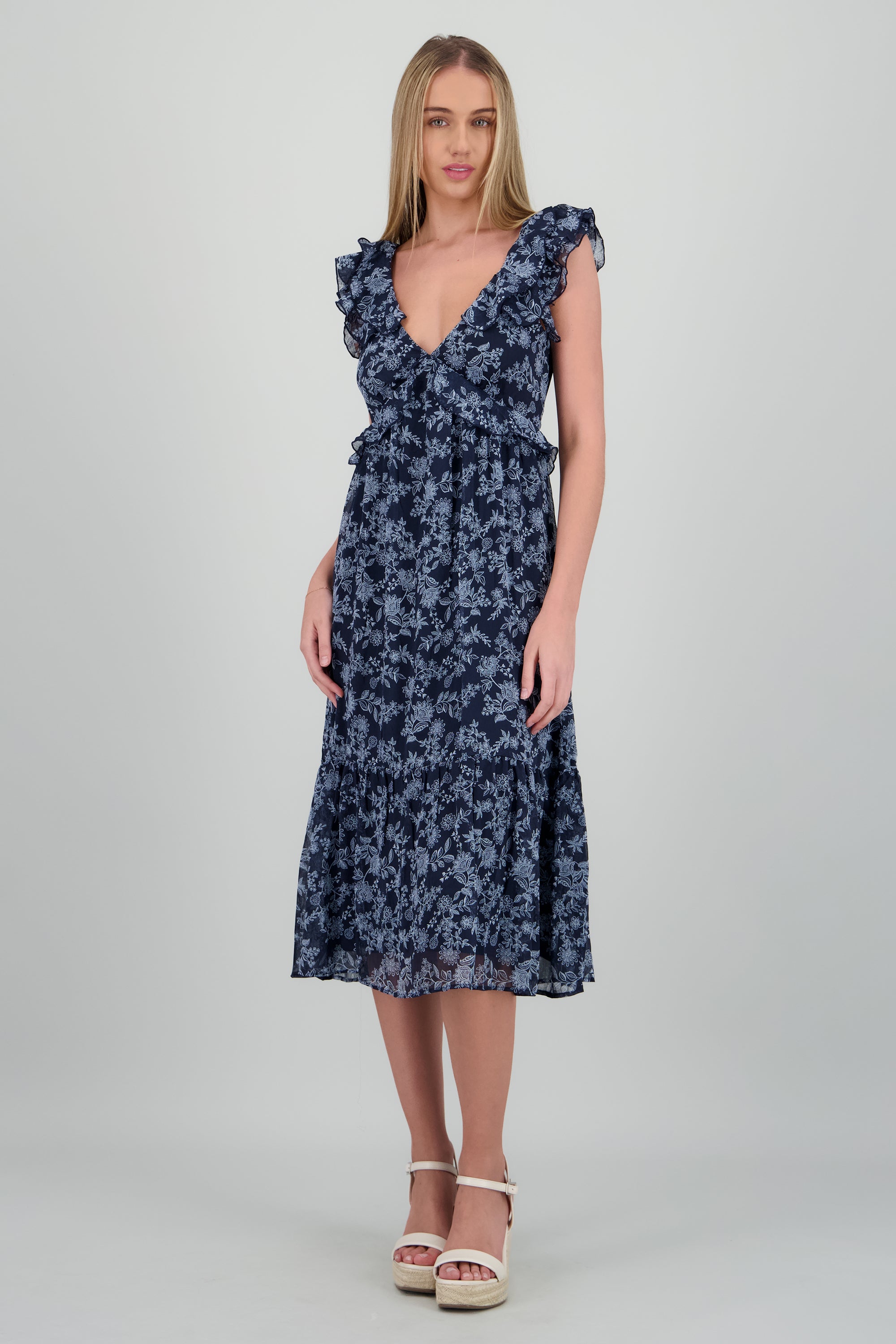 Vestido maxi flores detalle olanes MARINO COMBO