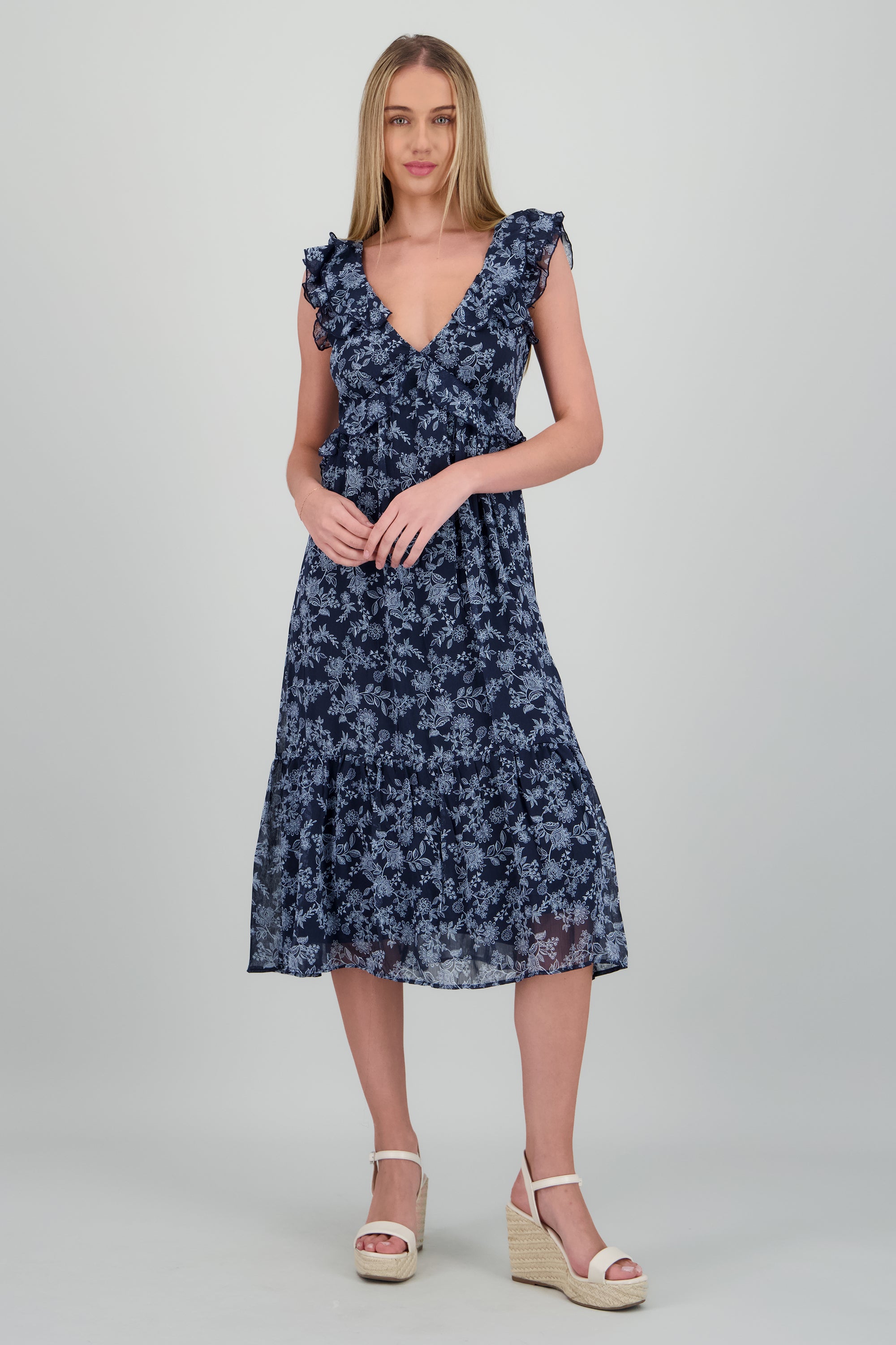 Vestido maxi flores detalle olanes MARINO COMBO