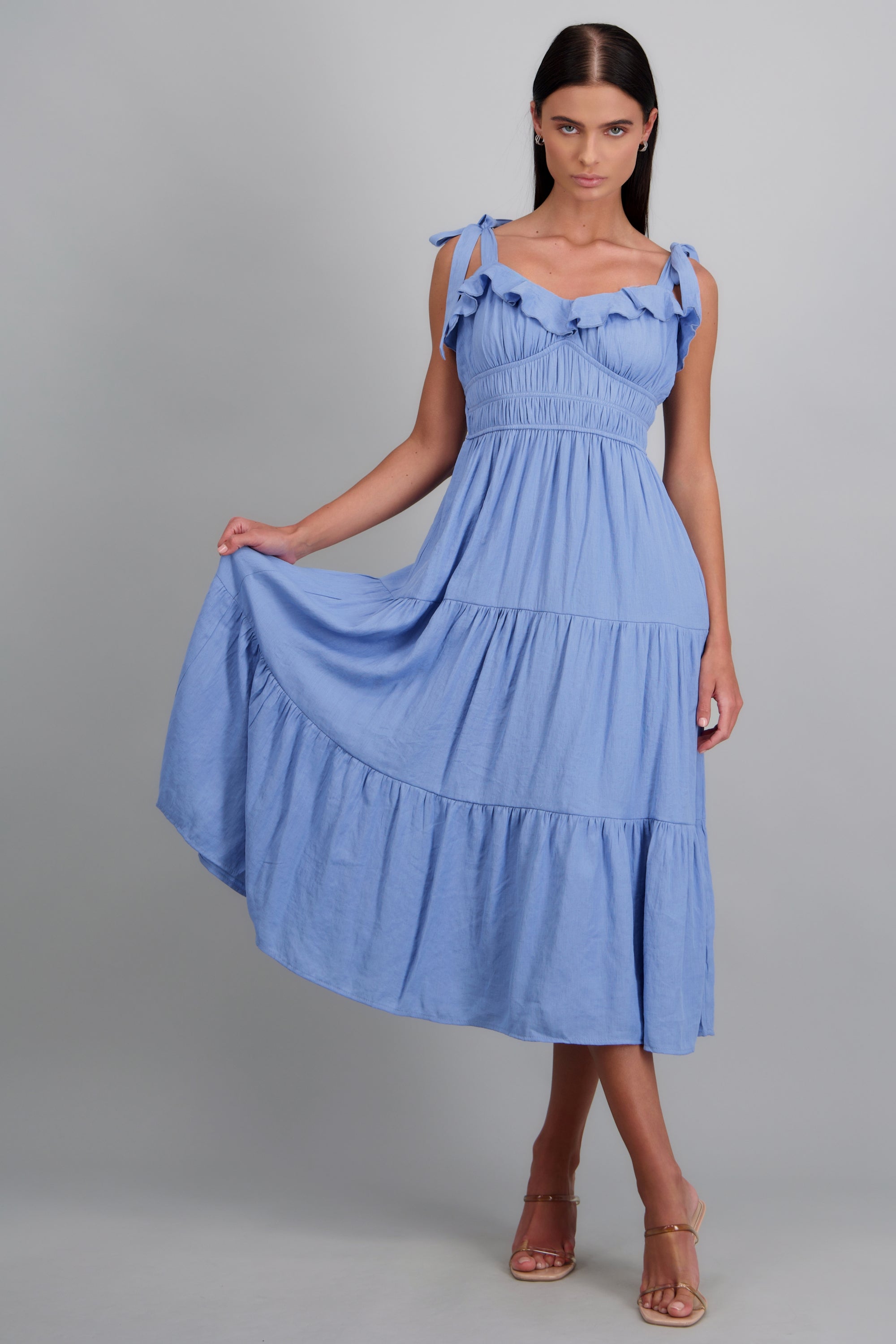 Vestido maxi liso detalle tirantes moños AZUL
