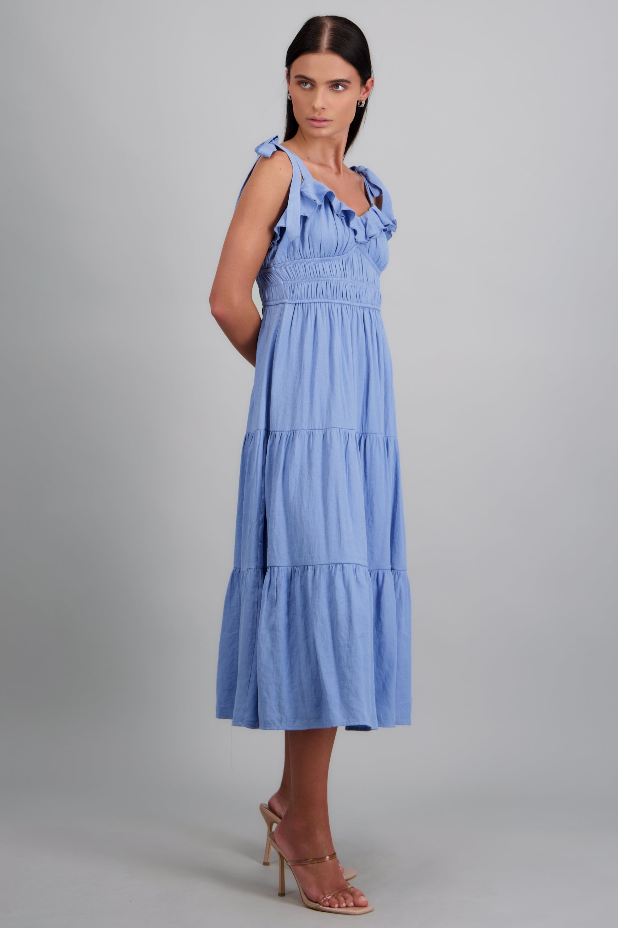 Vestido maxi liso detalle tirantes moños AZUL
