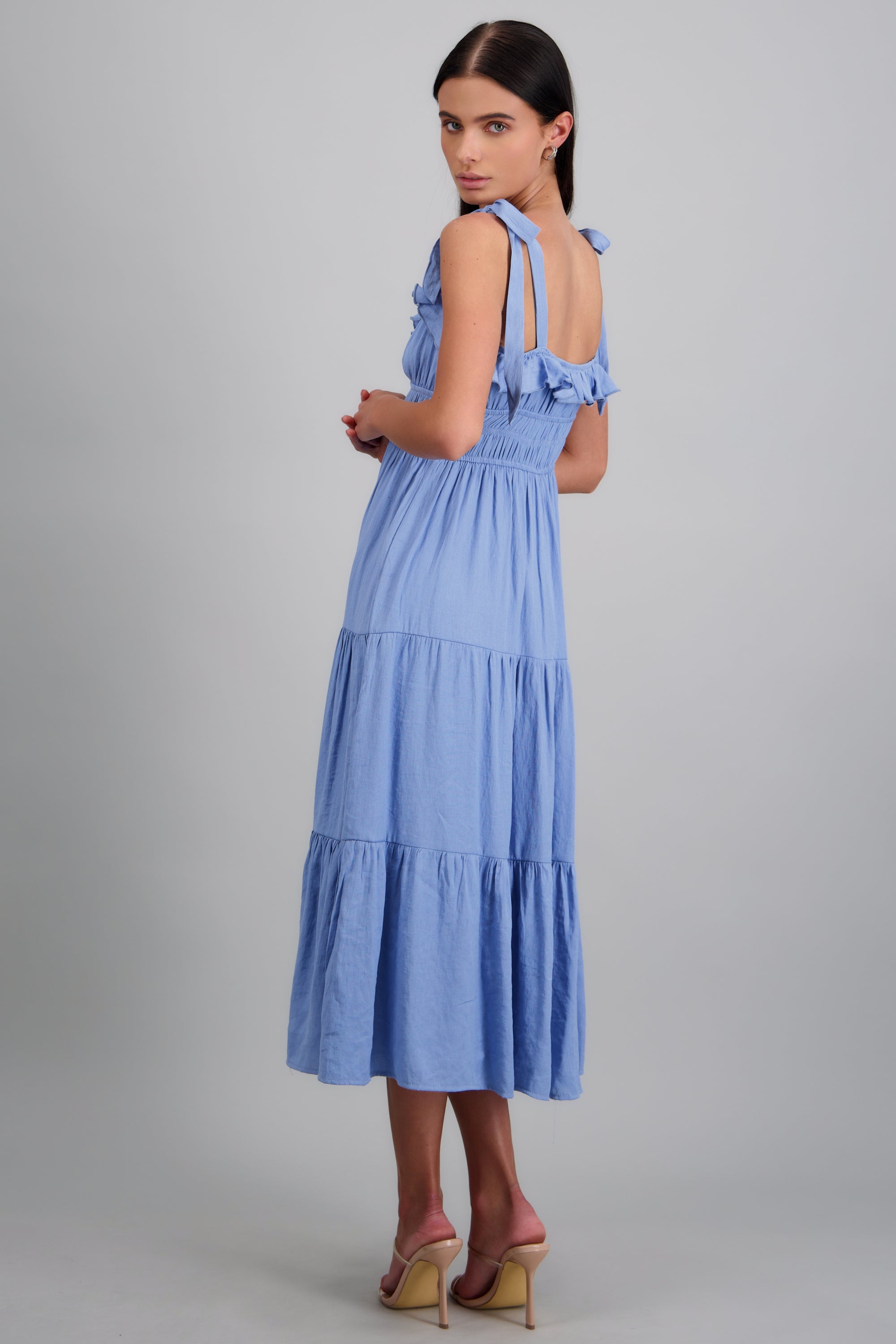 Vestido maxi liso detalle tirantes moños AZUL