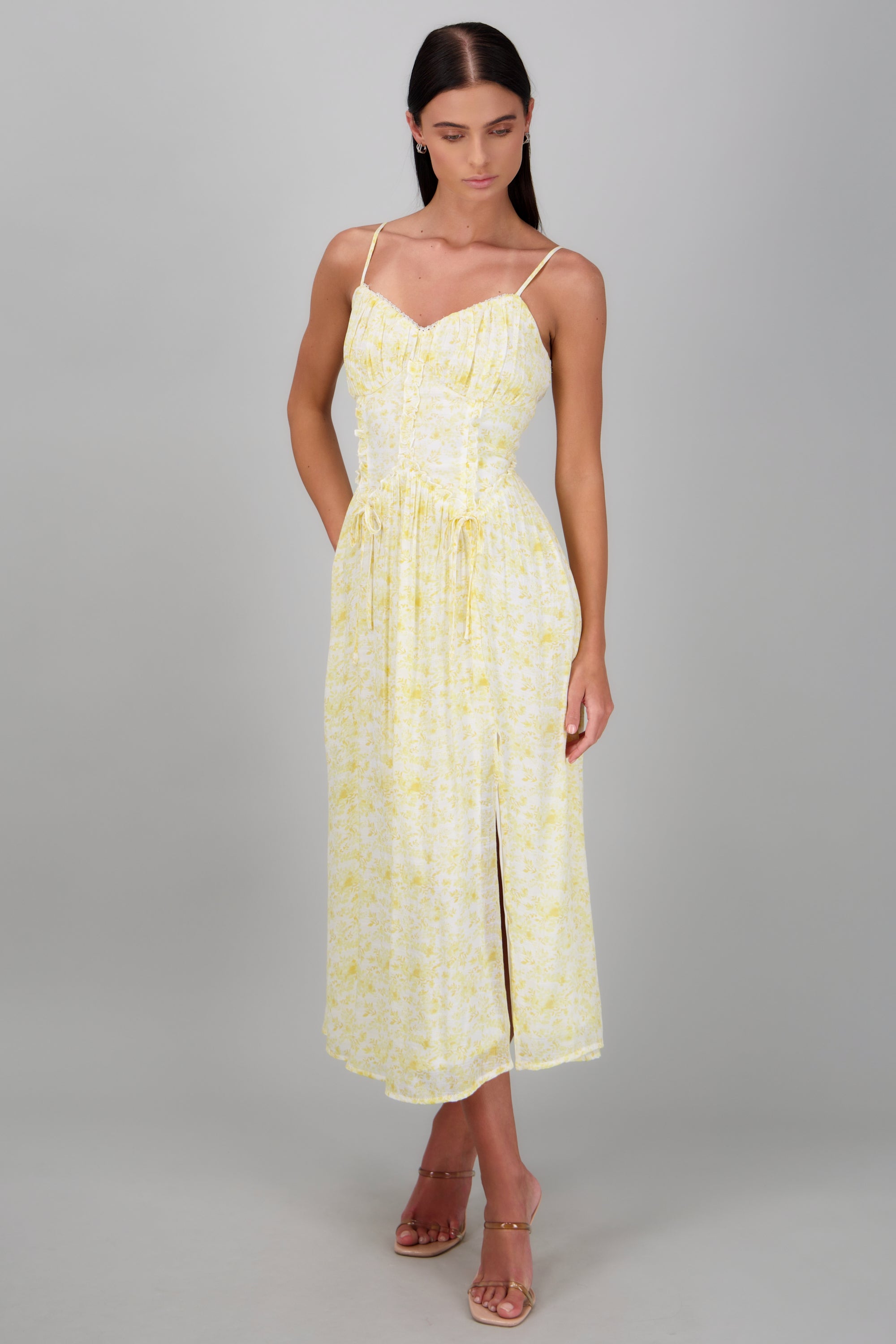VESTIDO MAXI ABERTURA FLORES AMARILLO COMBO