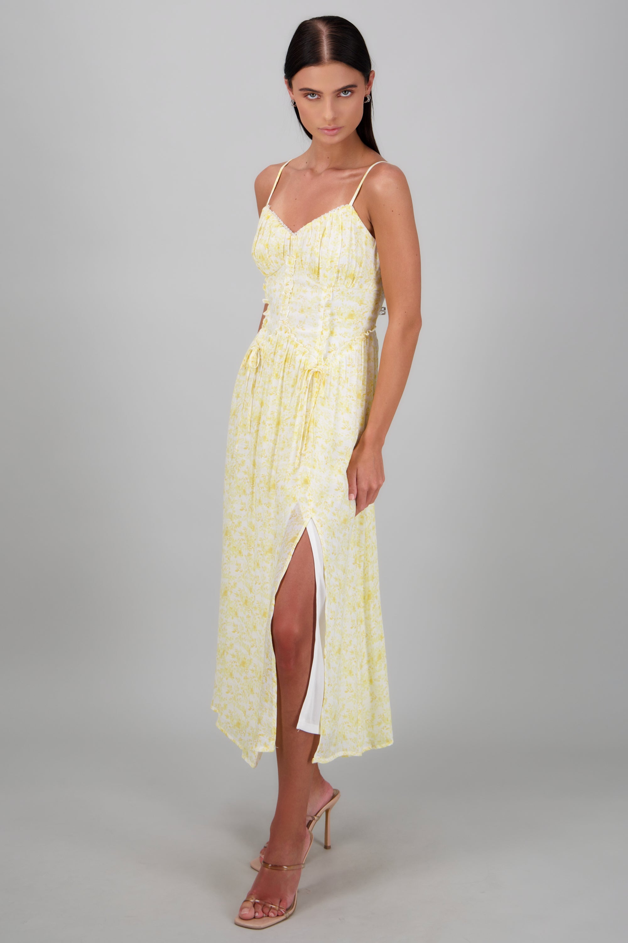 VESTIDO MAXI ABERTURA FLORES AMARILLO COMBO