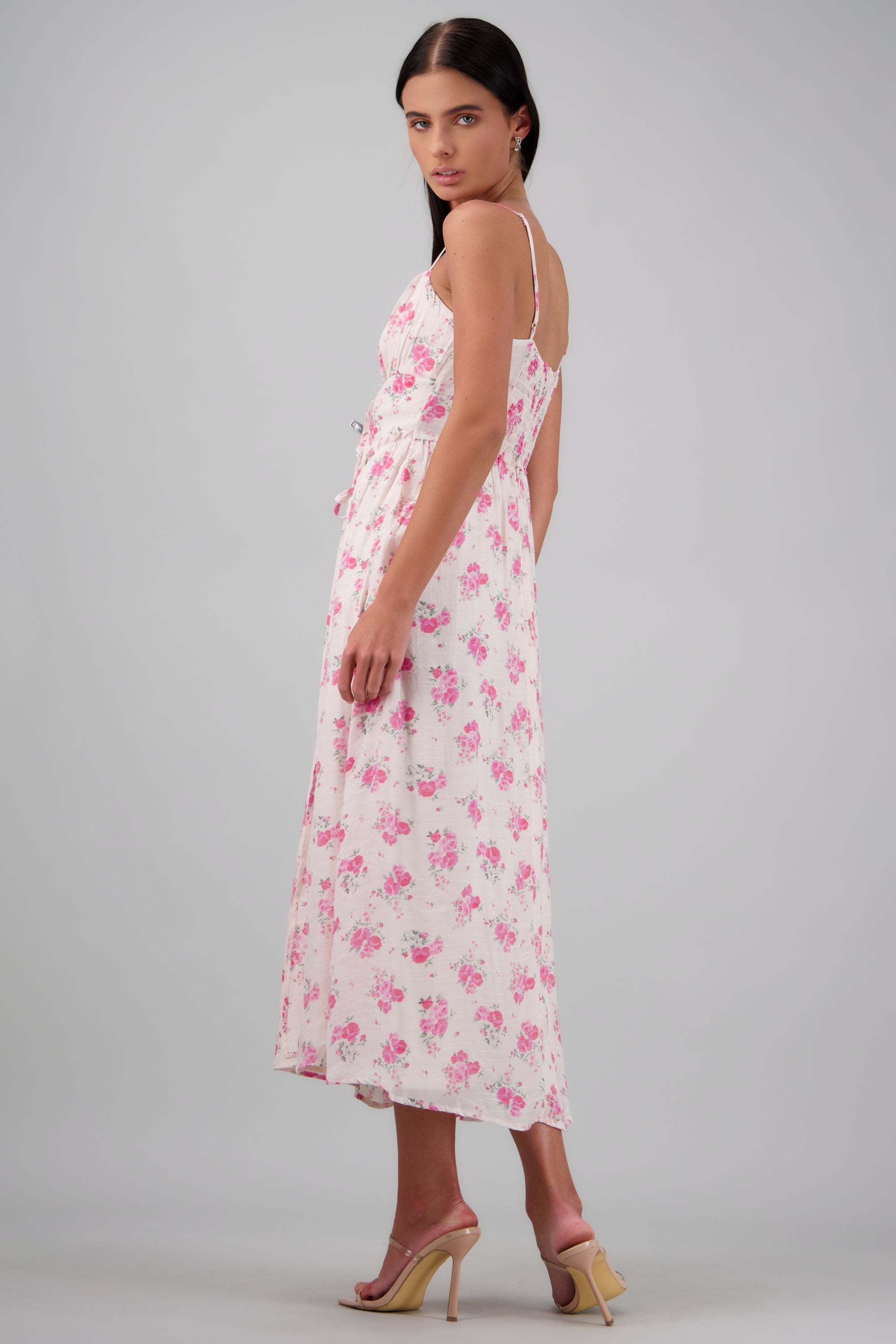 Vestido maxi flores detalle escote encaje ROSA COMBO