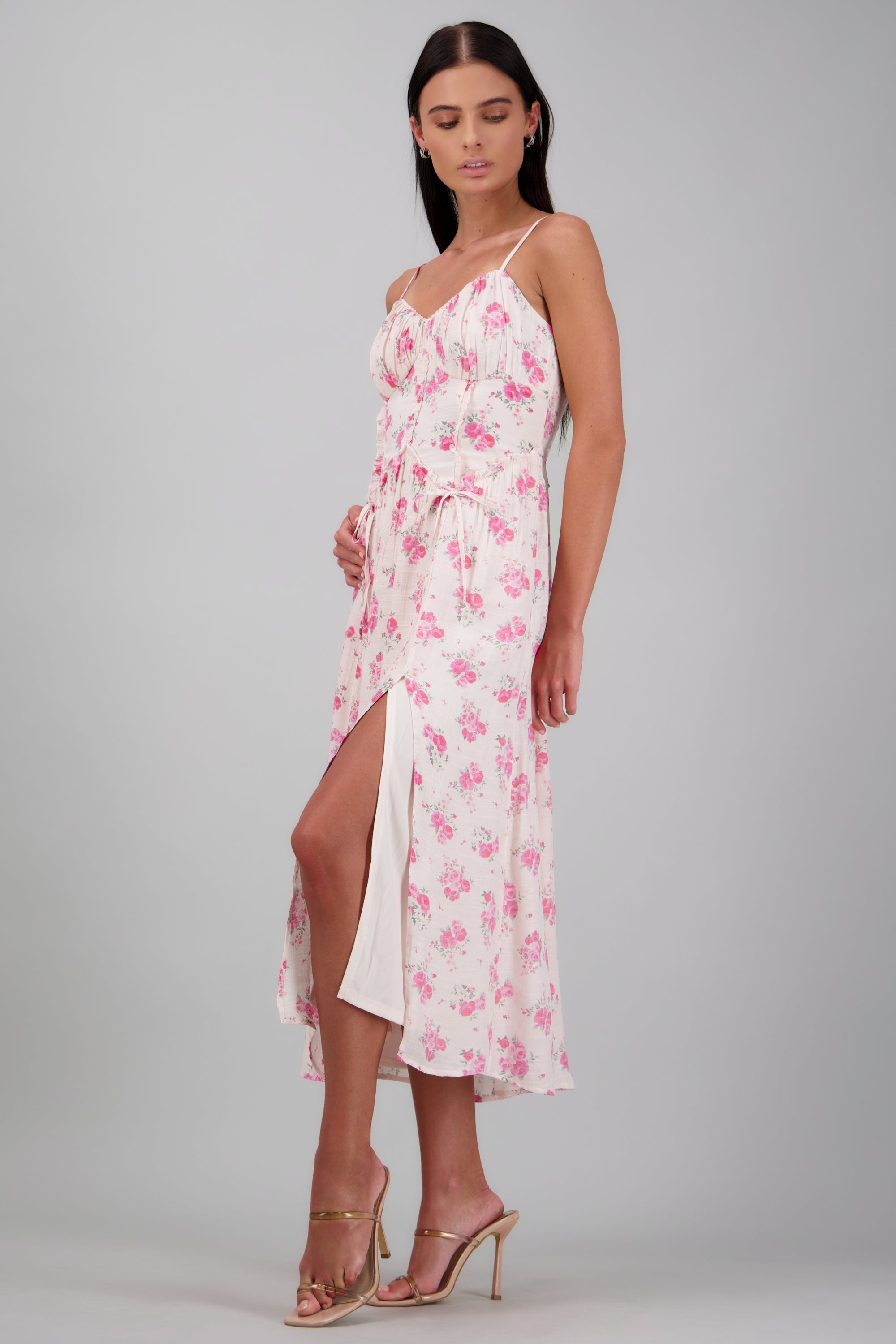 Vestido maxi flores detalle escote encaje ROSA COMBO