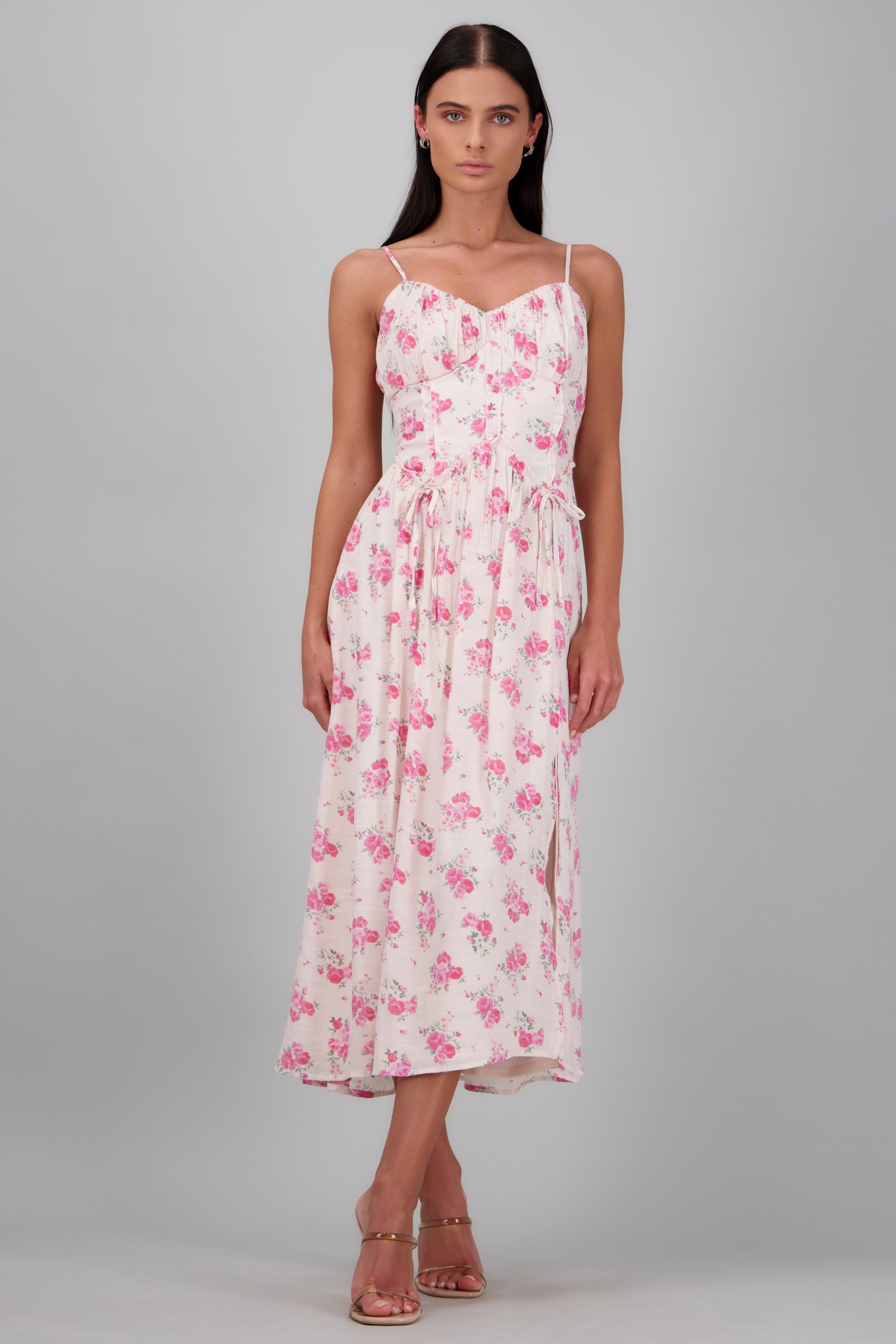 Vestido maxi flores detalle escote encaje ROSA COMBO