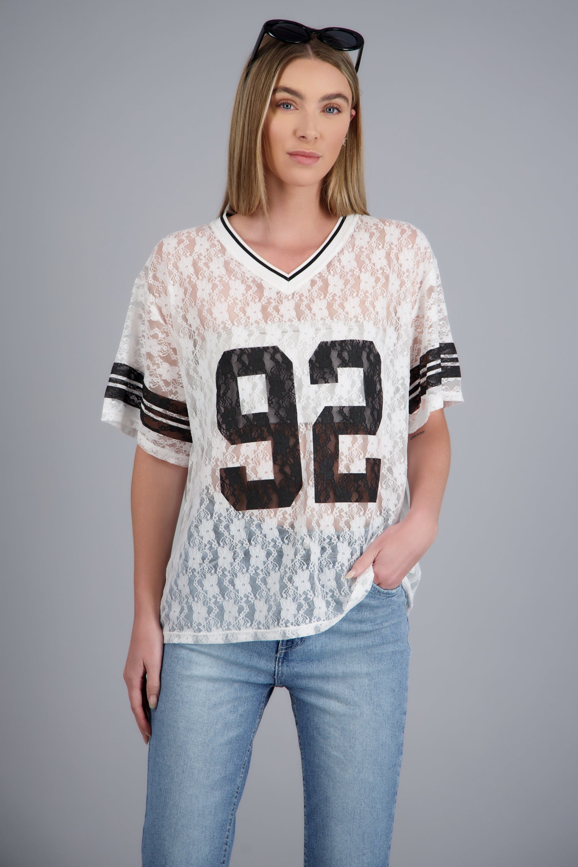 Playera jersey encaje BLANCO COMBO
