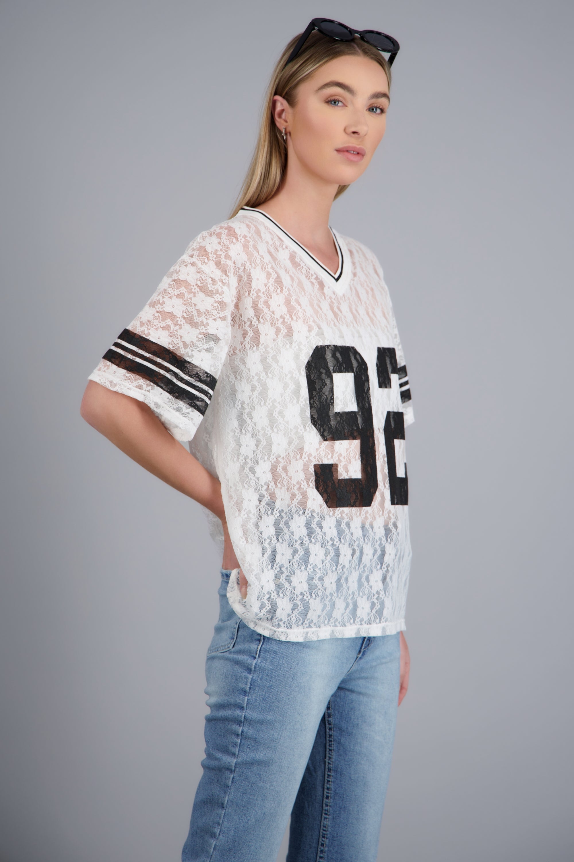 Playera jersey encaje BLANCO COMBO