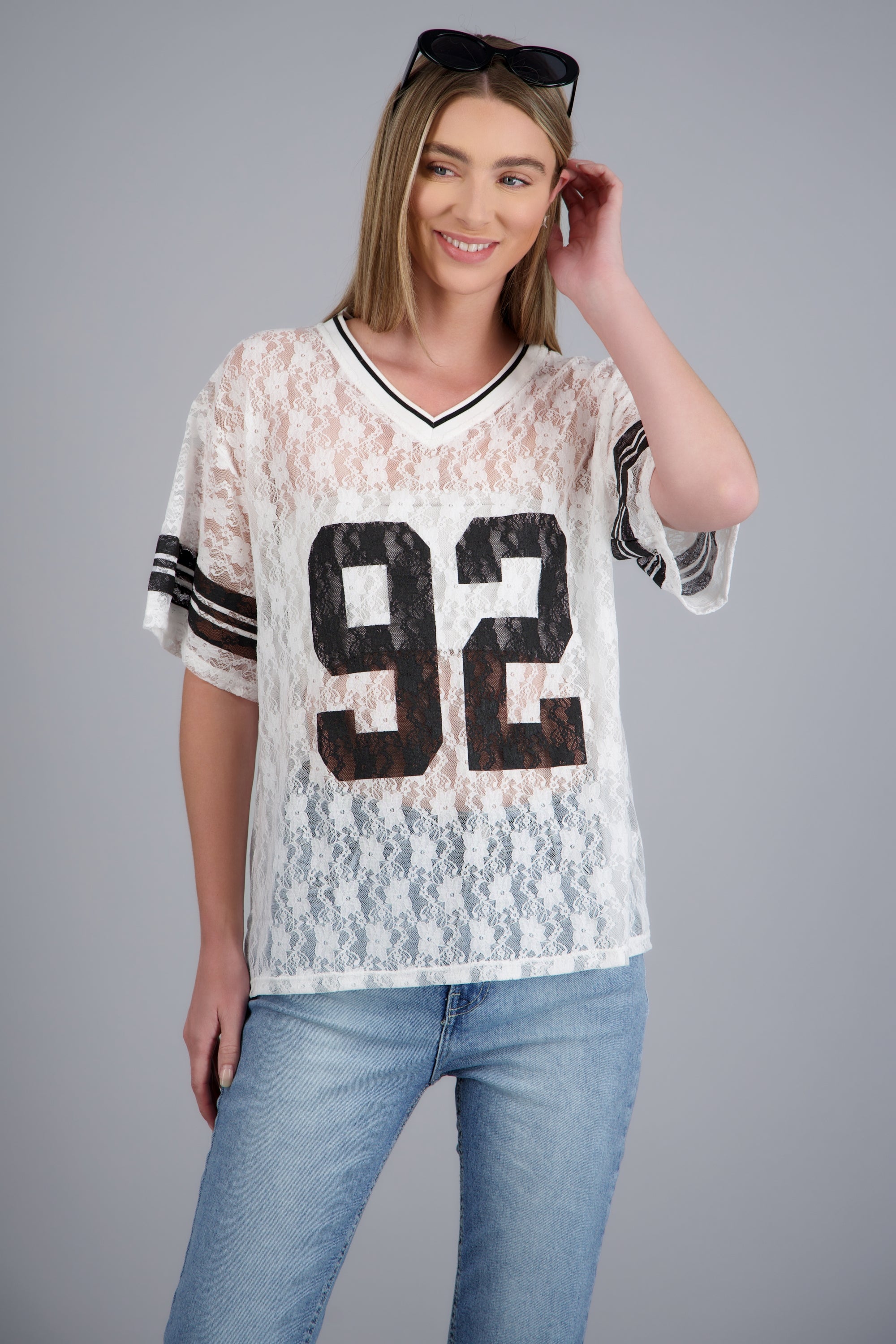Playera jersey encaje BLANCO COMBO