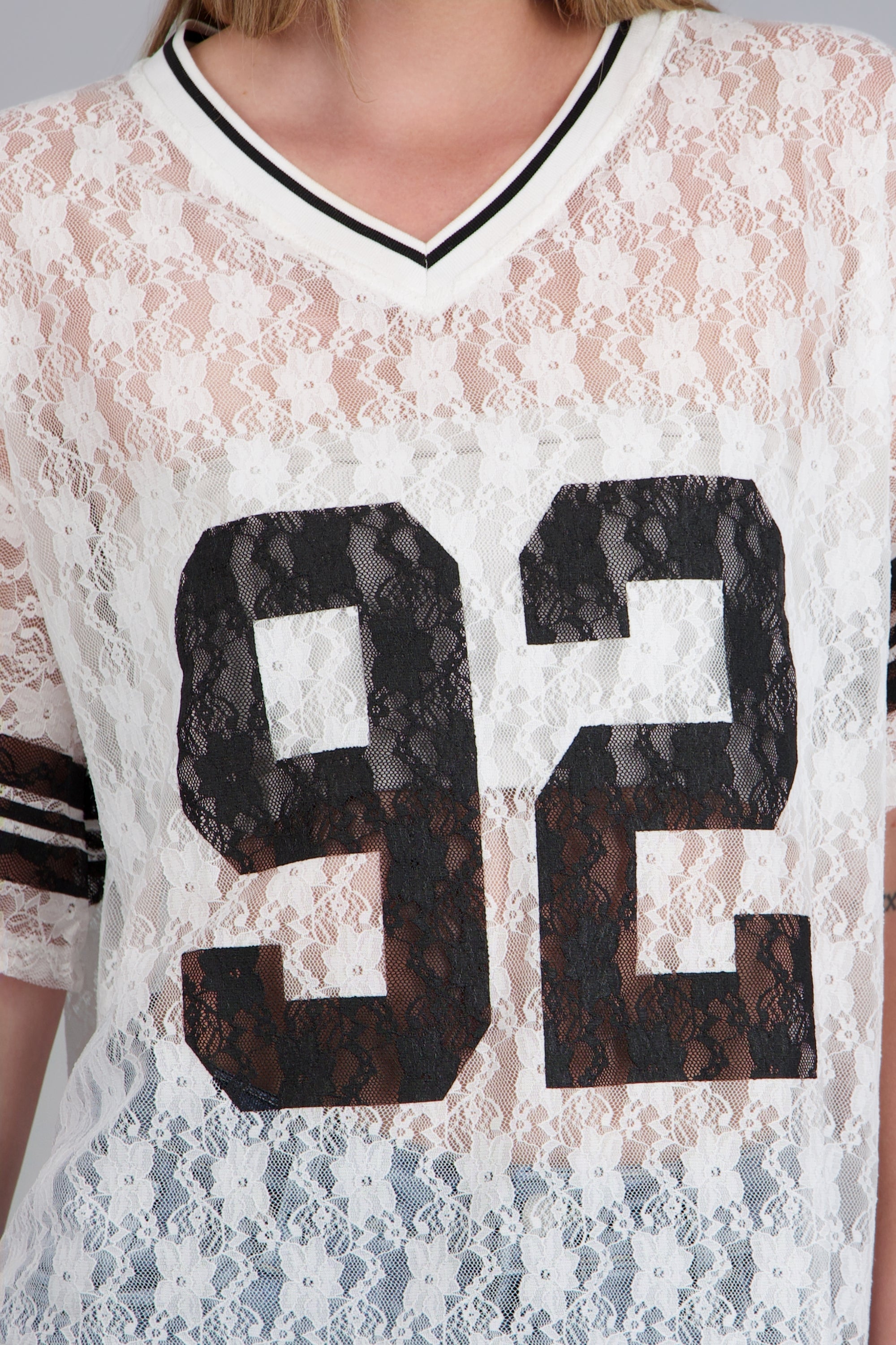 Playera jersey encaje BLANCO COMBO