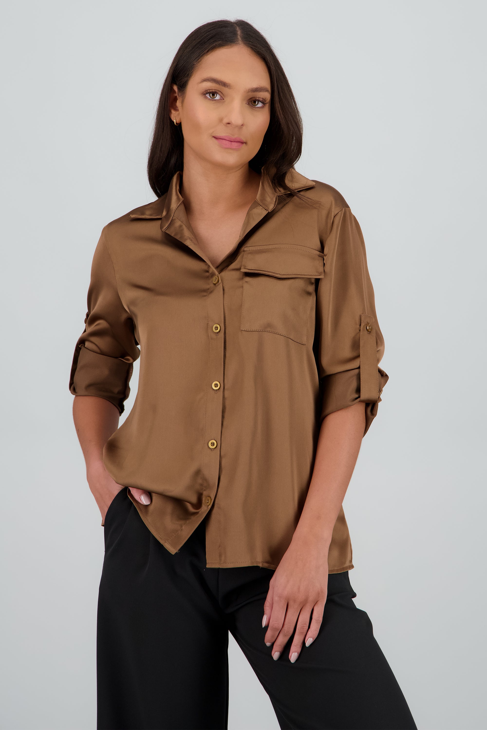 Camisa satin mangas elevador CHOCOLATE