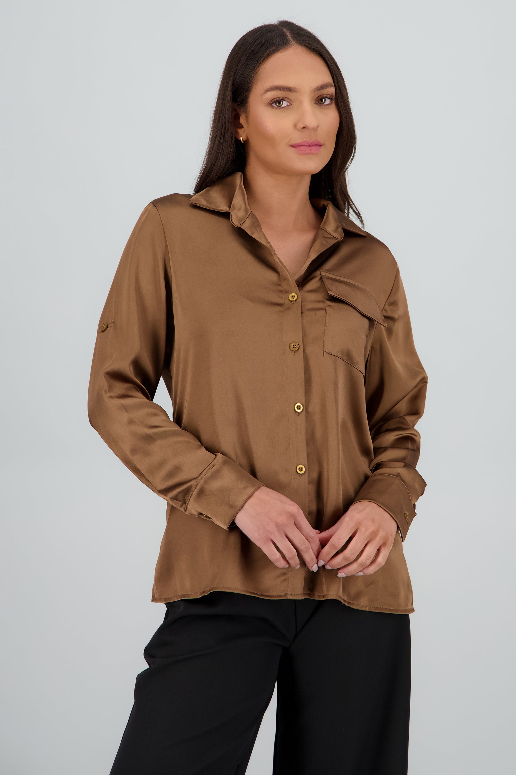 Camisa satin mangas elevador CHOCOLATE