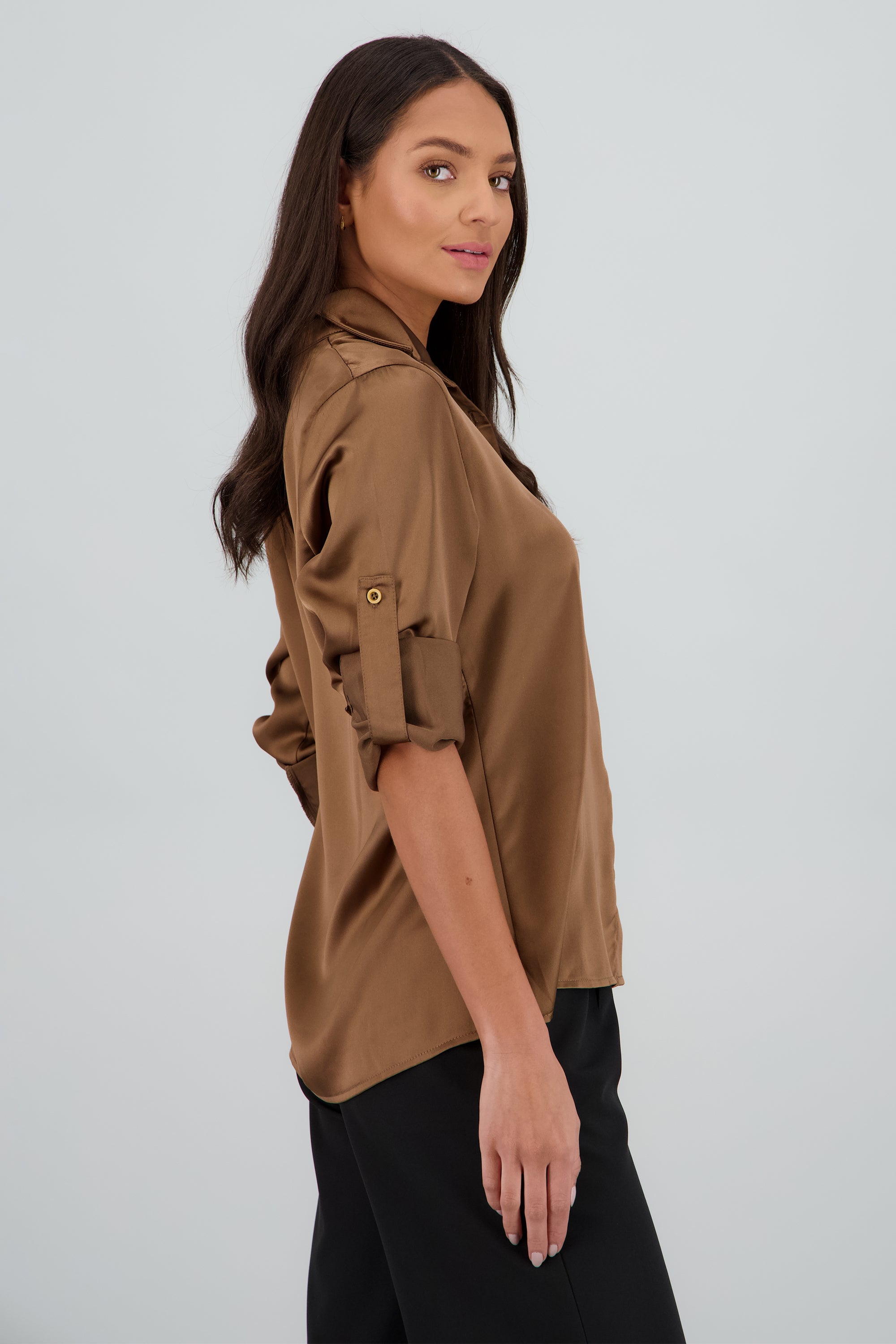 Camisa satin mangas elevador CHOCOLATE