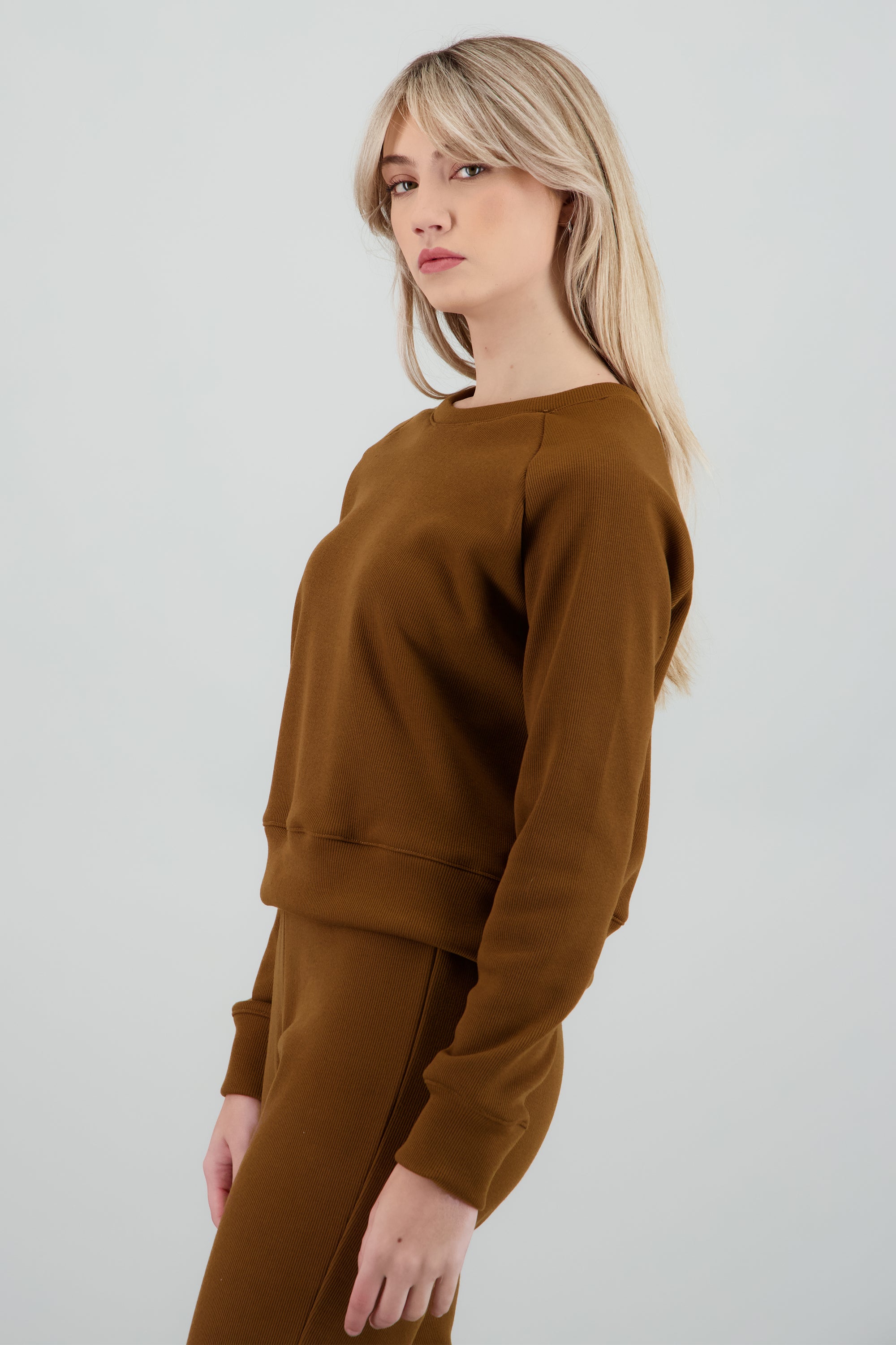 Sudadera cuello redondo detalle flece CAMELLO