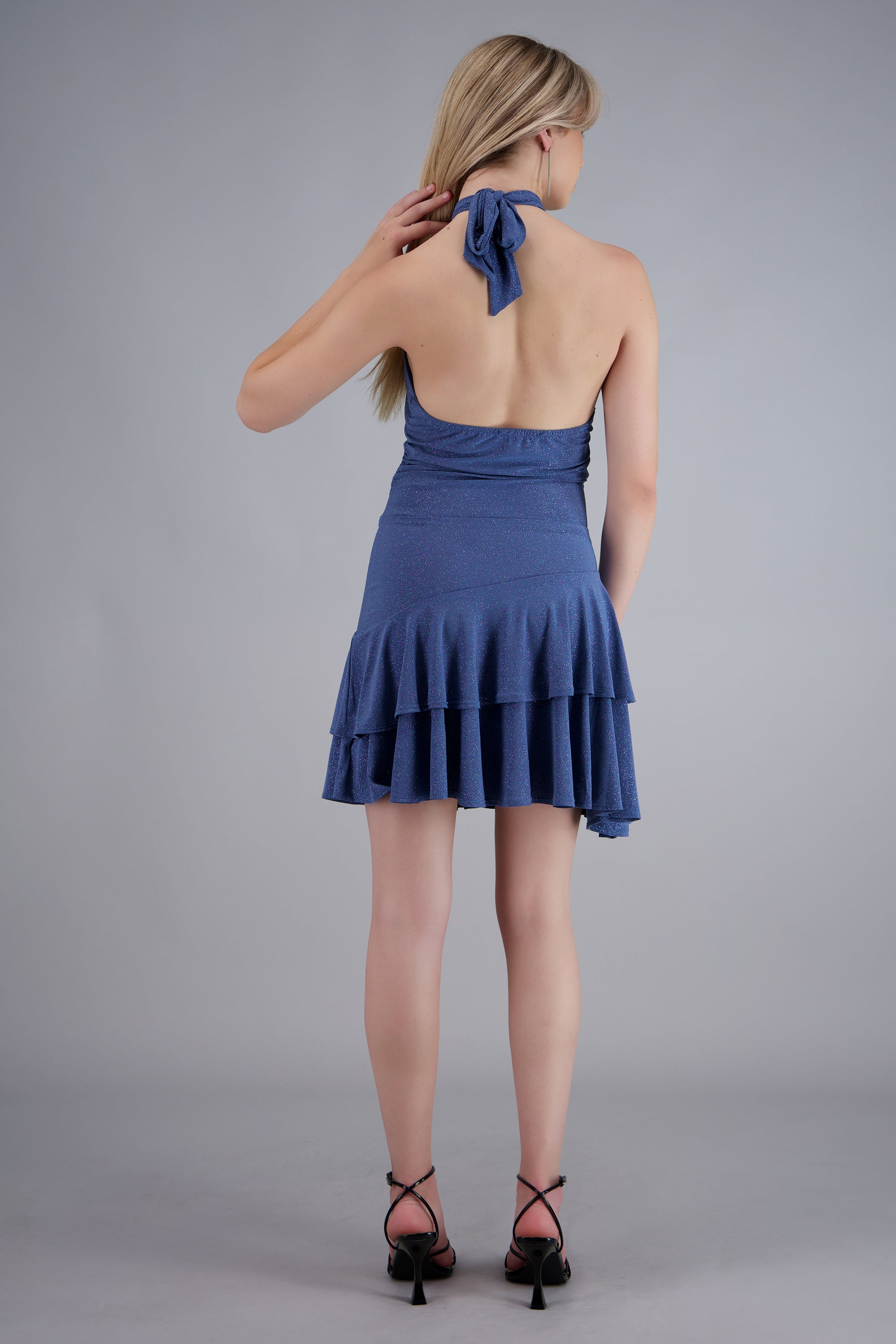 Vestido halter de brillos con doble olan AZUL CIELO