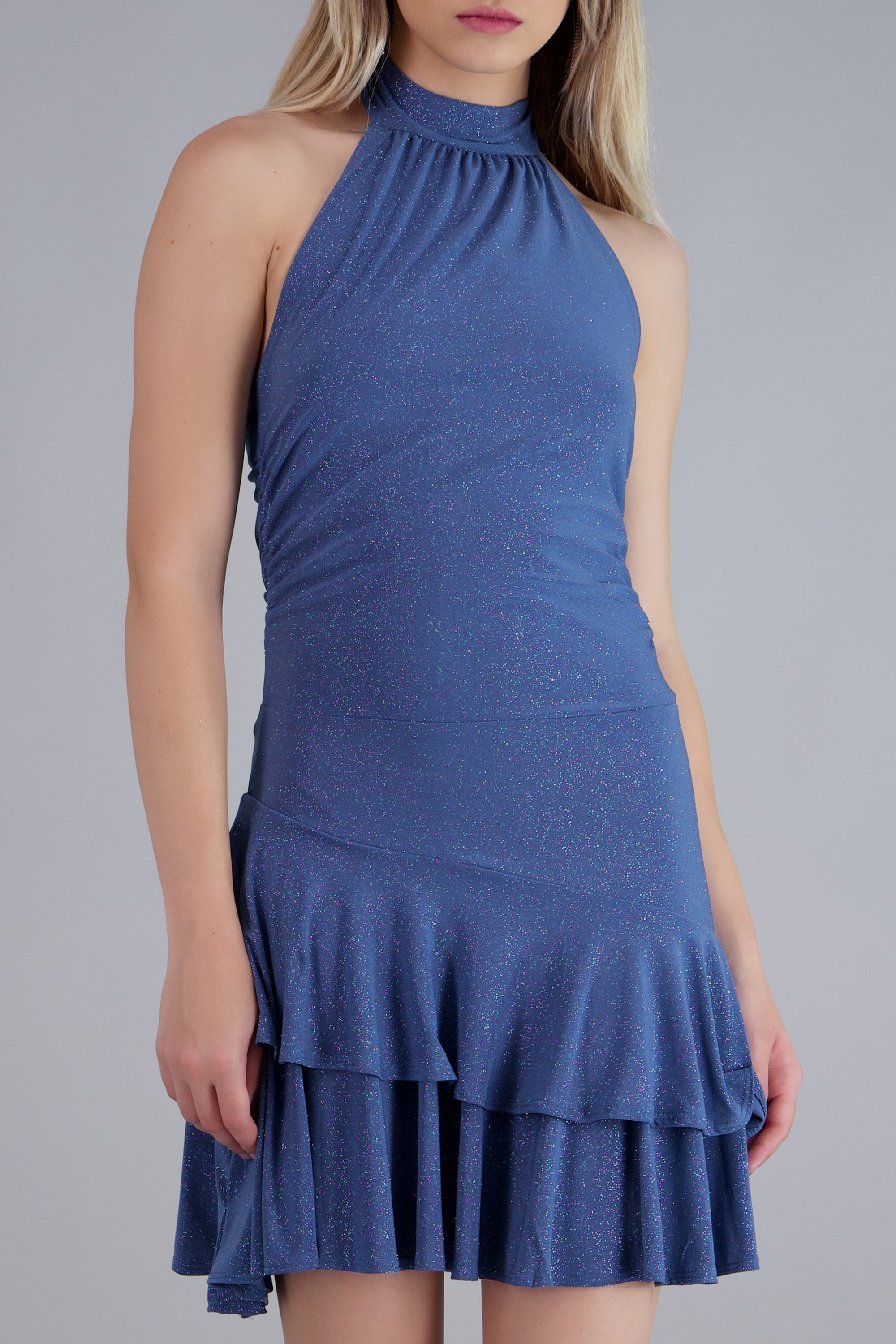 Vestido halter de brillos con doble olan AZUL CIELO