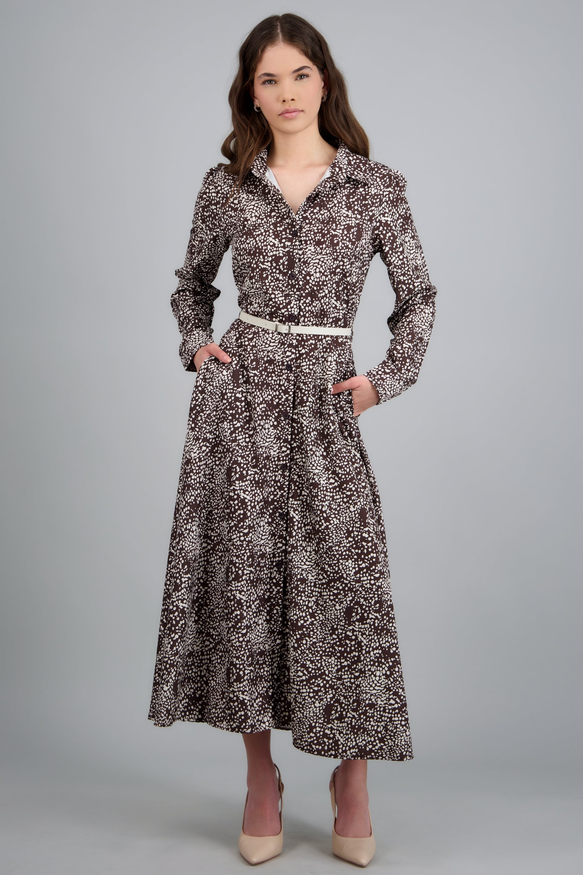 Vestido maxi manga larga estampado con cinto CHOCOLATE