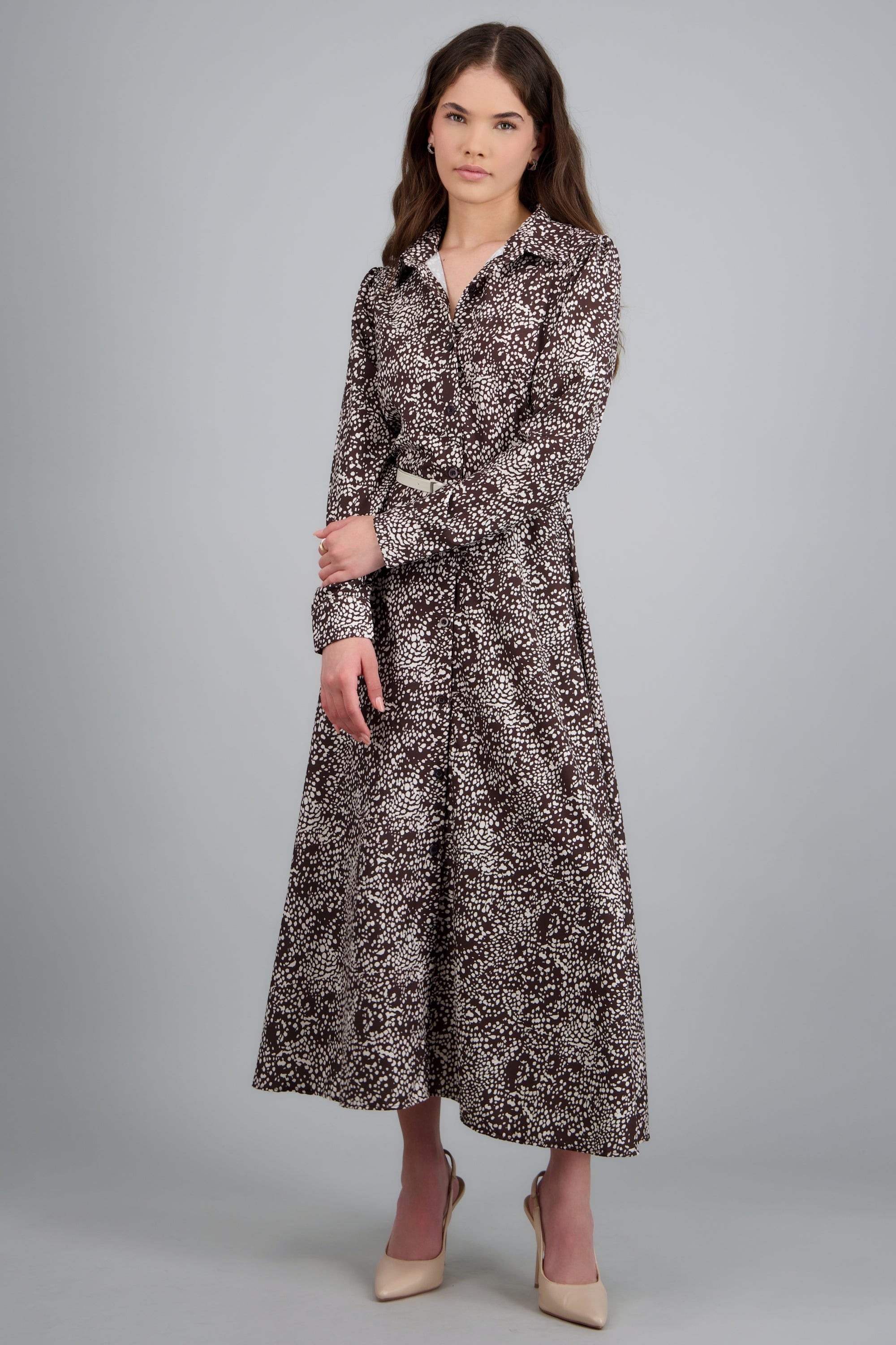 Vestido maxi manga larga estampado con cinto CHOCOLATE