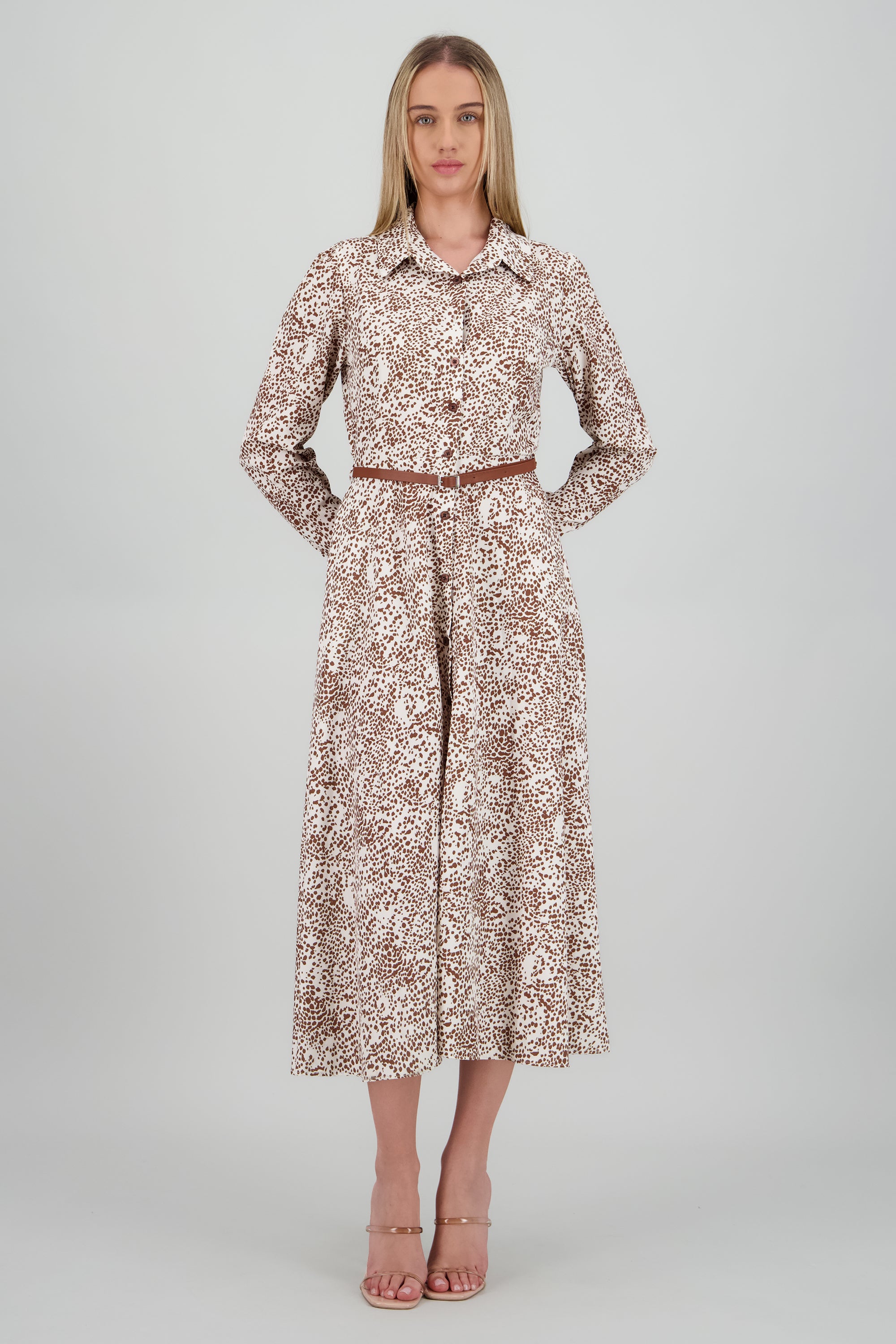 Vestido maxi manga larga estampado con cinto CAFE COMBO