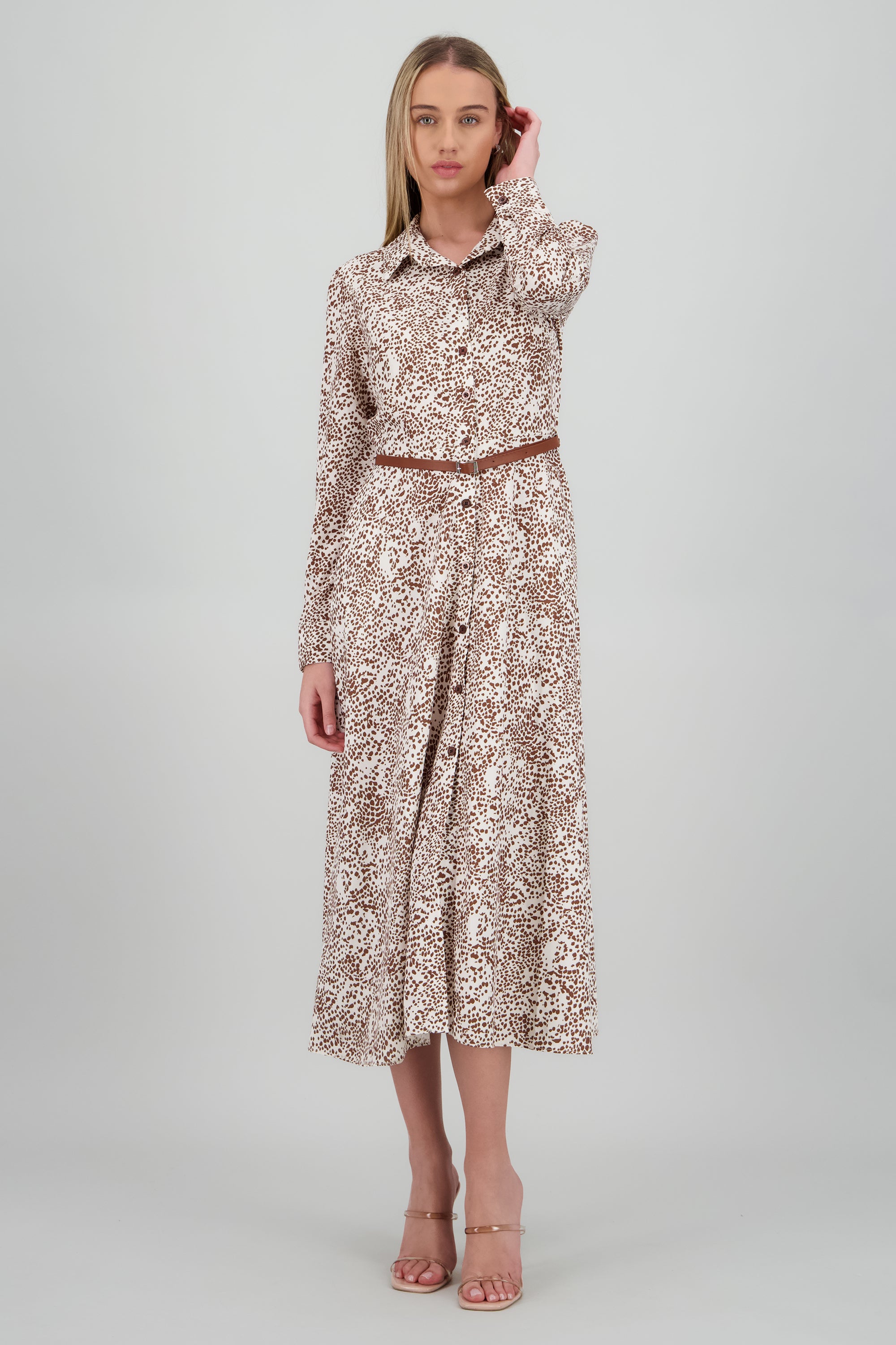 Vestido maxi manga larga estampado con cinto CAFE COMBO