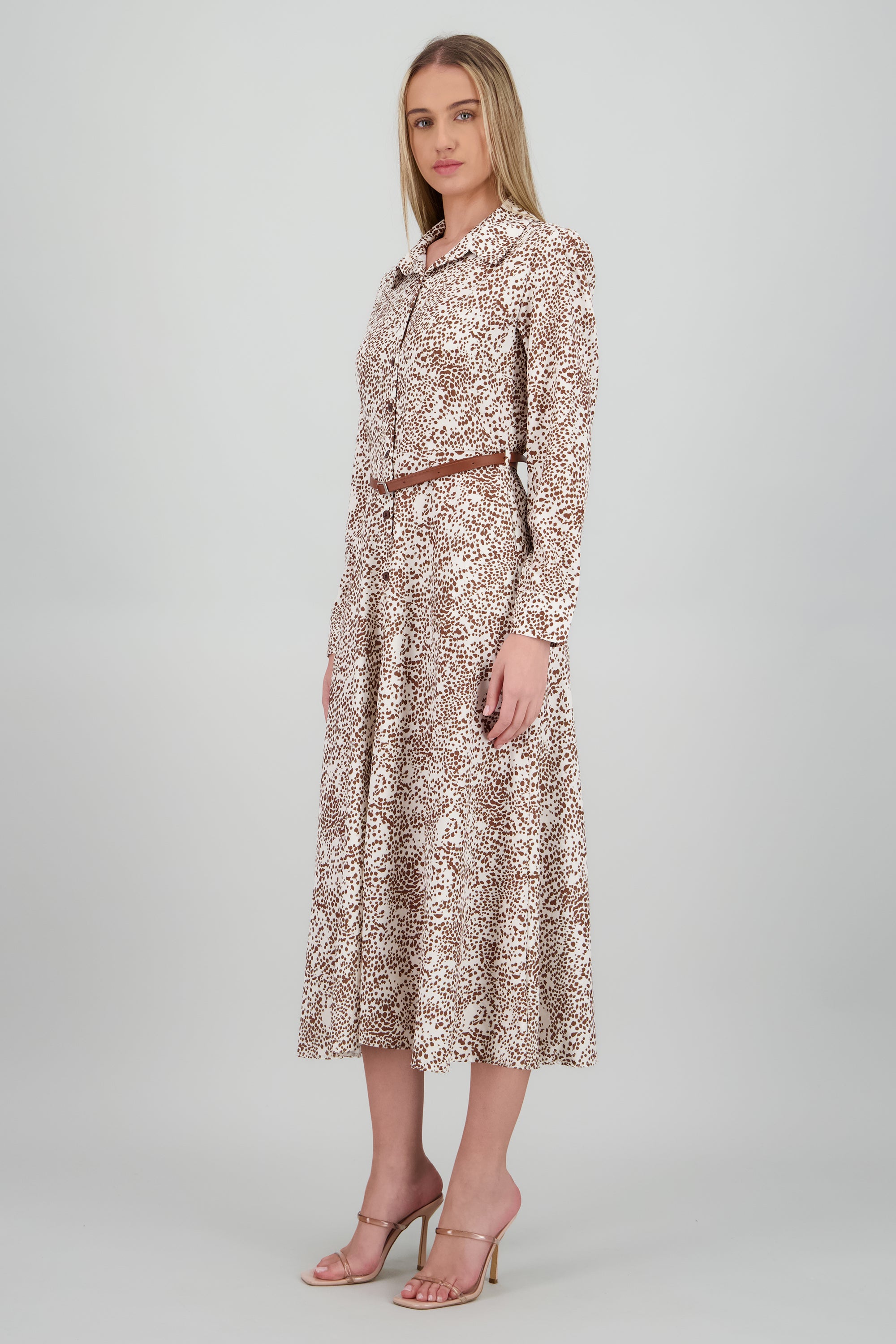 Vestido maxi manga larga estampado con cinto CAFE COMBO