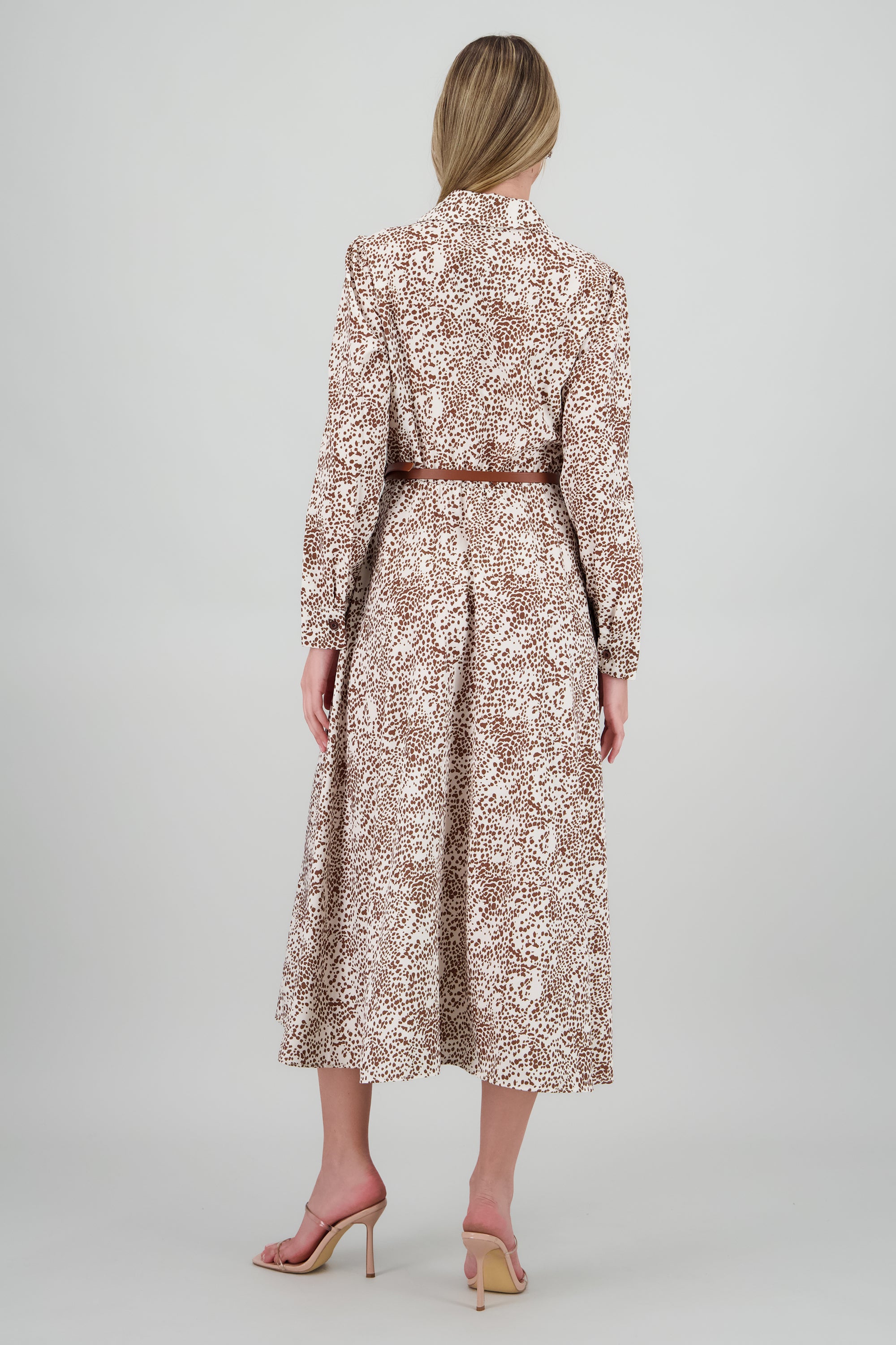 Vestido maxi manga larga estampado con cinto CAFE COMBO