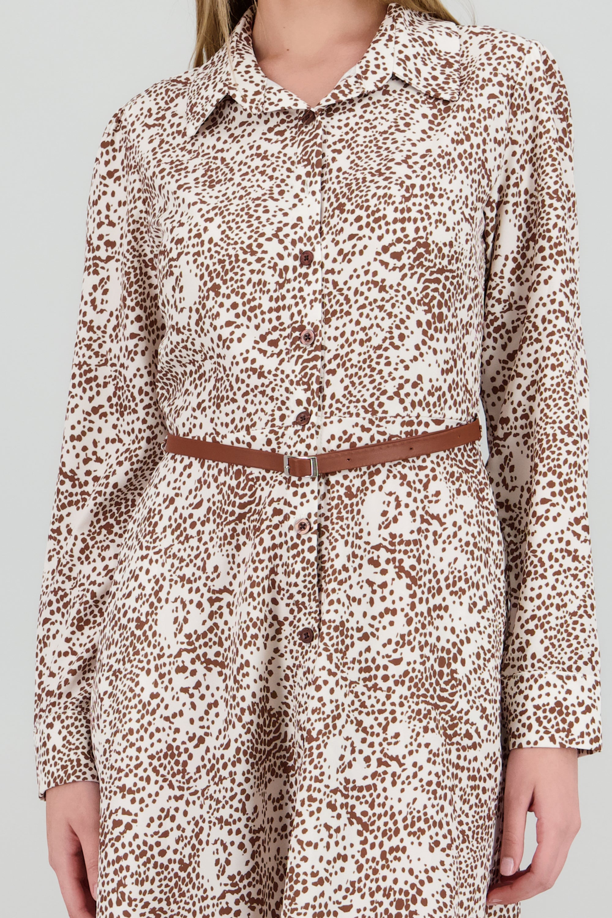 Vestido maxi manga larga estampado con cinto CAFE COMBO