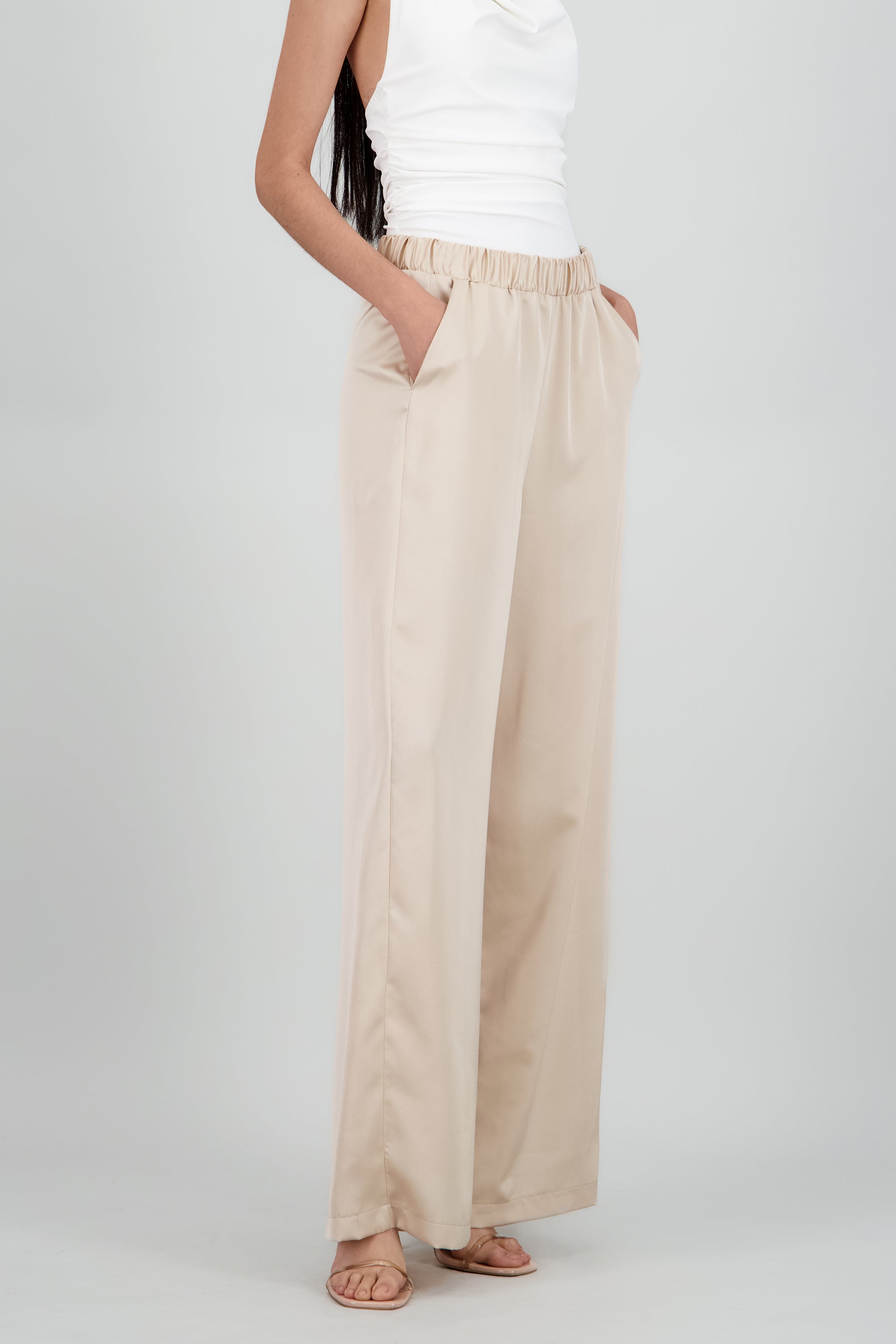 Pantalon satinado pretina resorte NUDE