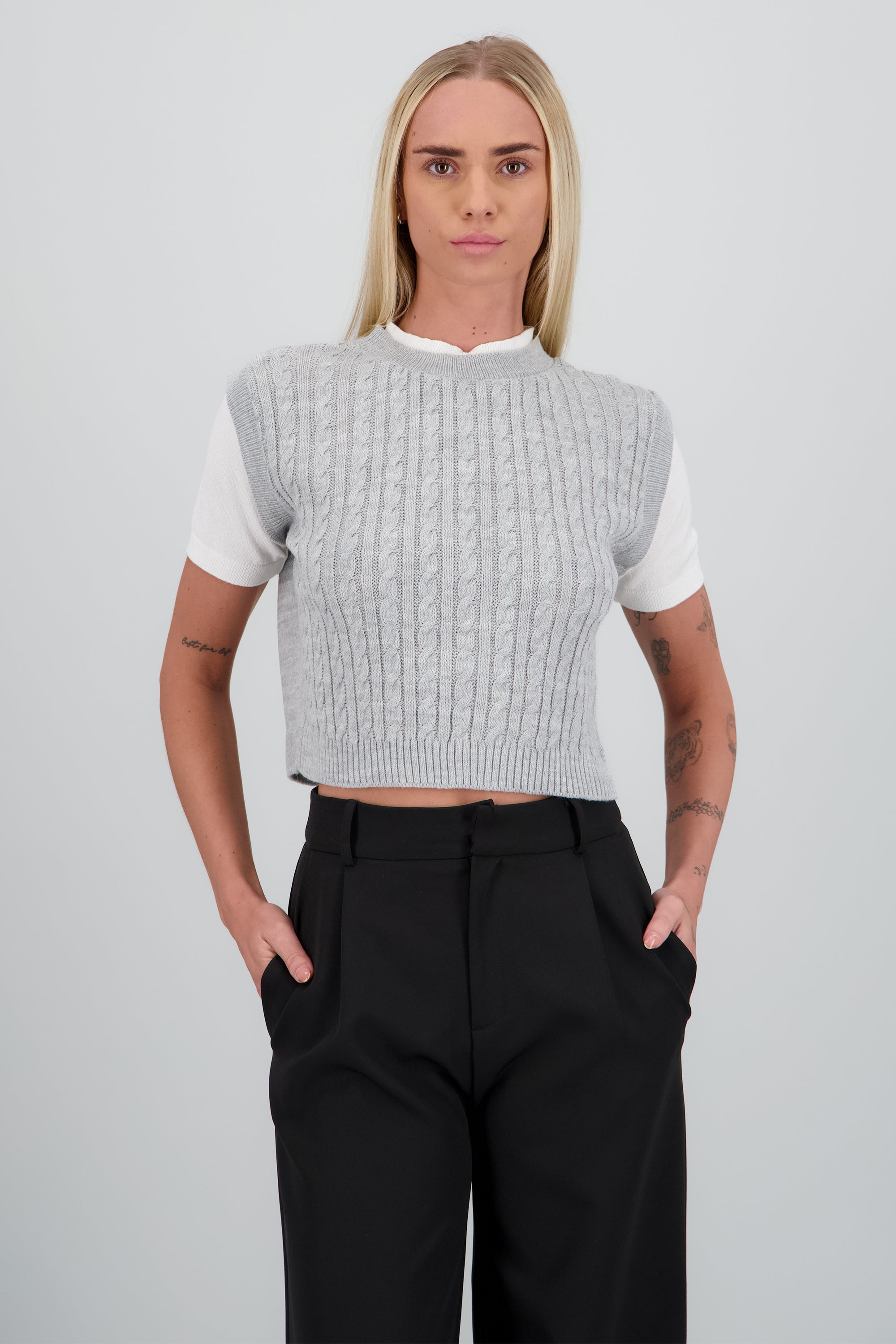 Top layered chaleco tejido cadena GRIS COMBO