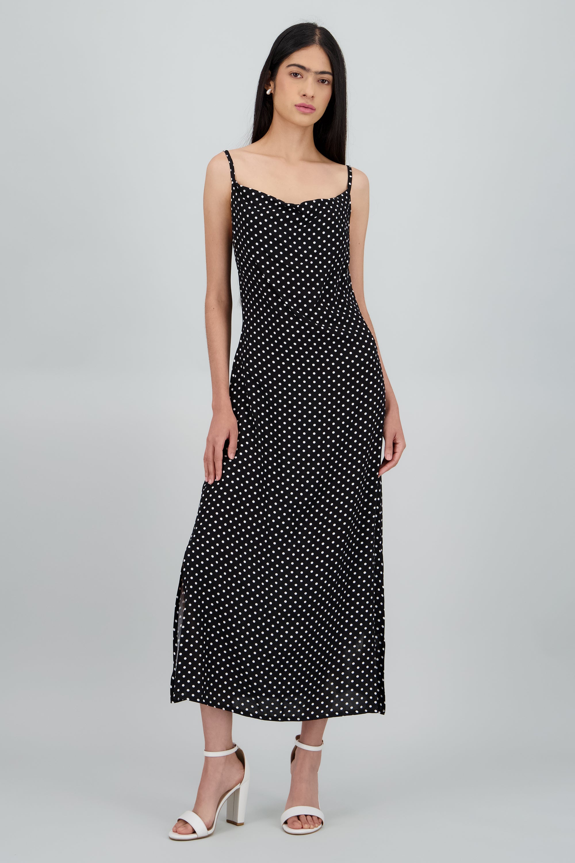 Vestido midi escote columpio polka dot NEGRO COMBO