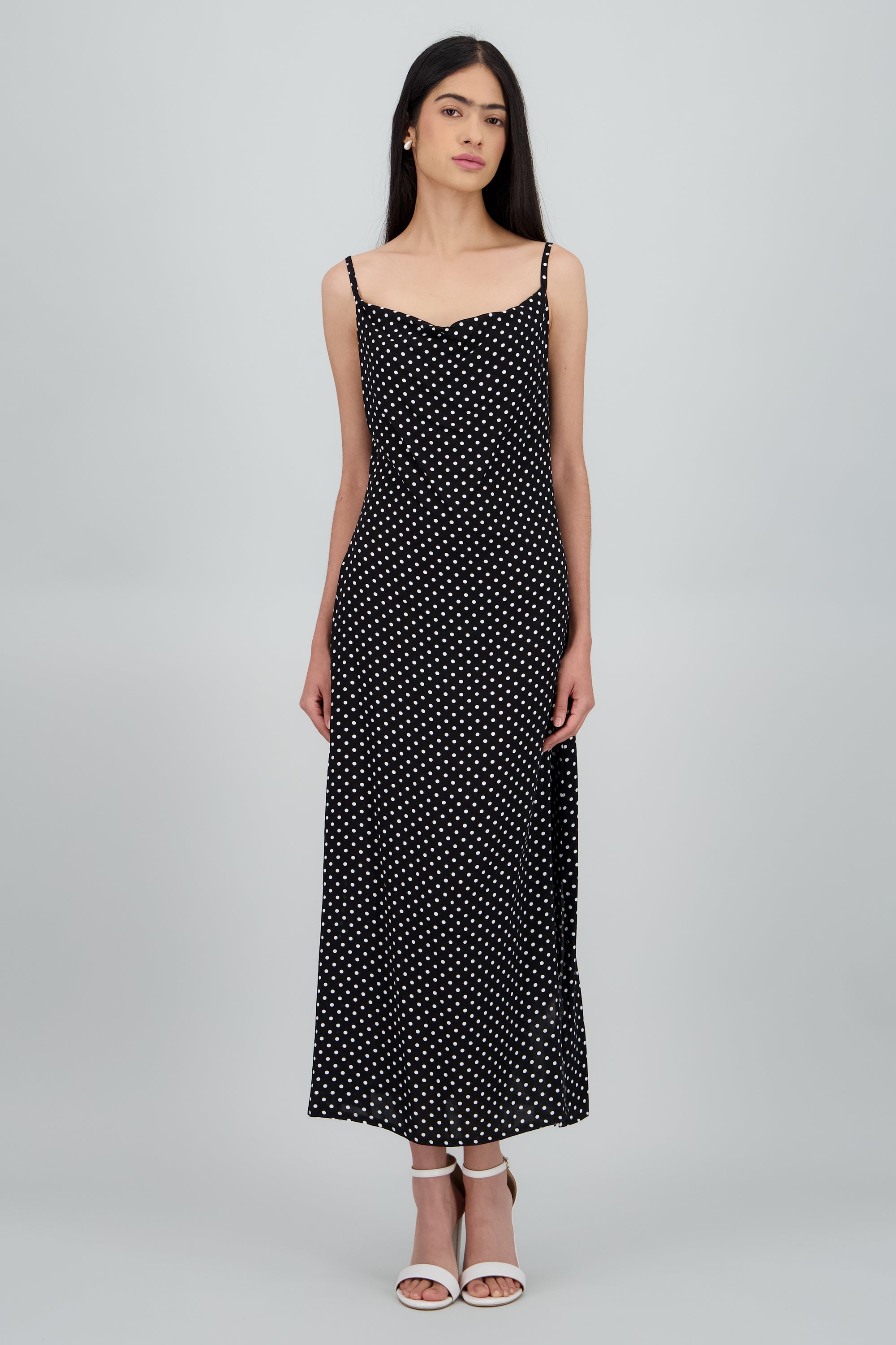 Vestido midi escote columpio polka dot NEGRO COMBO