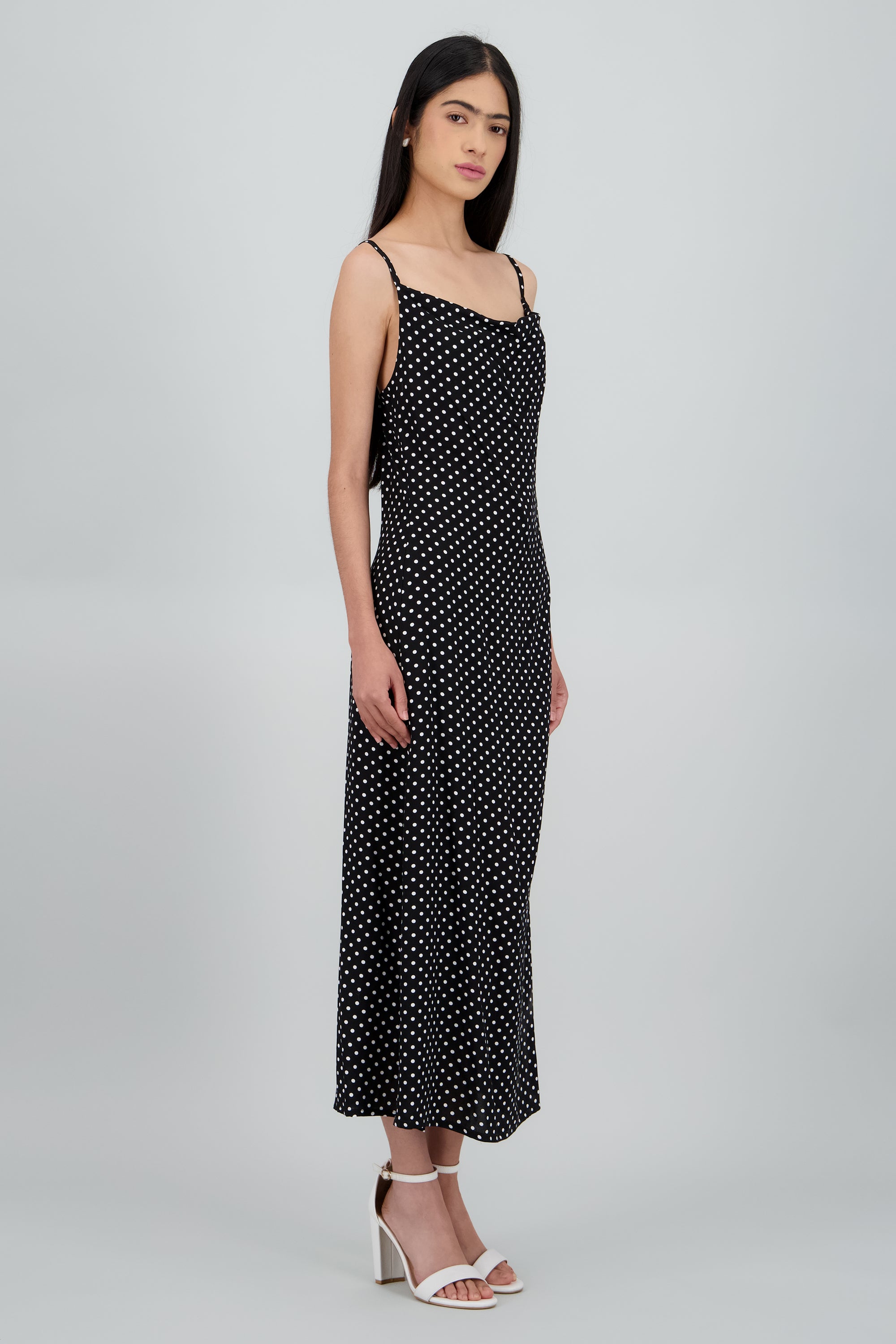 Vestido midi escote columpio polka dot NEGRO COMBO