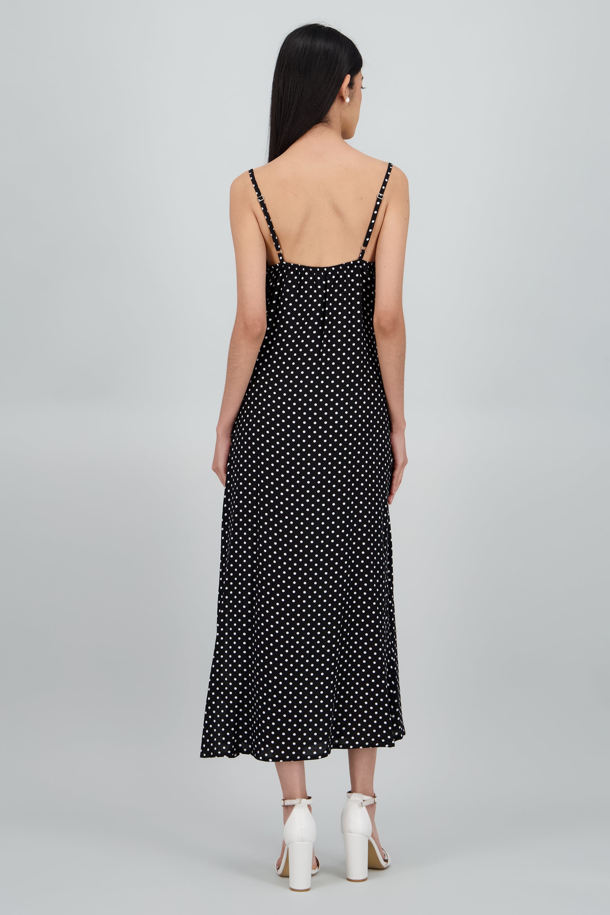 Vestido midi escote columpio polka dot NEGRO COMBO