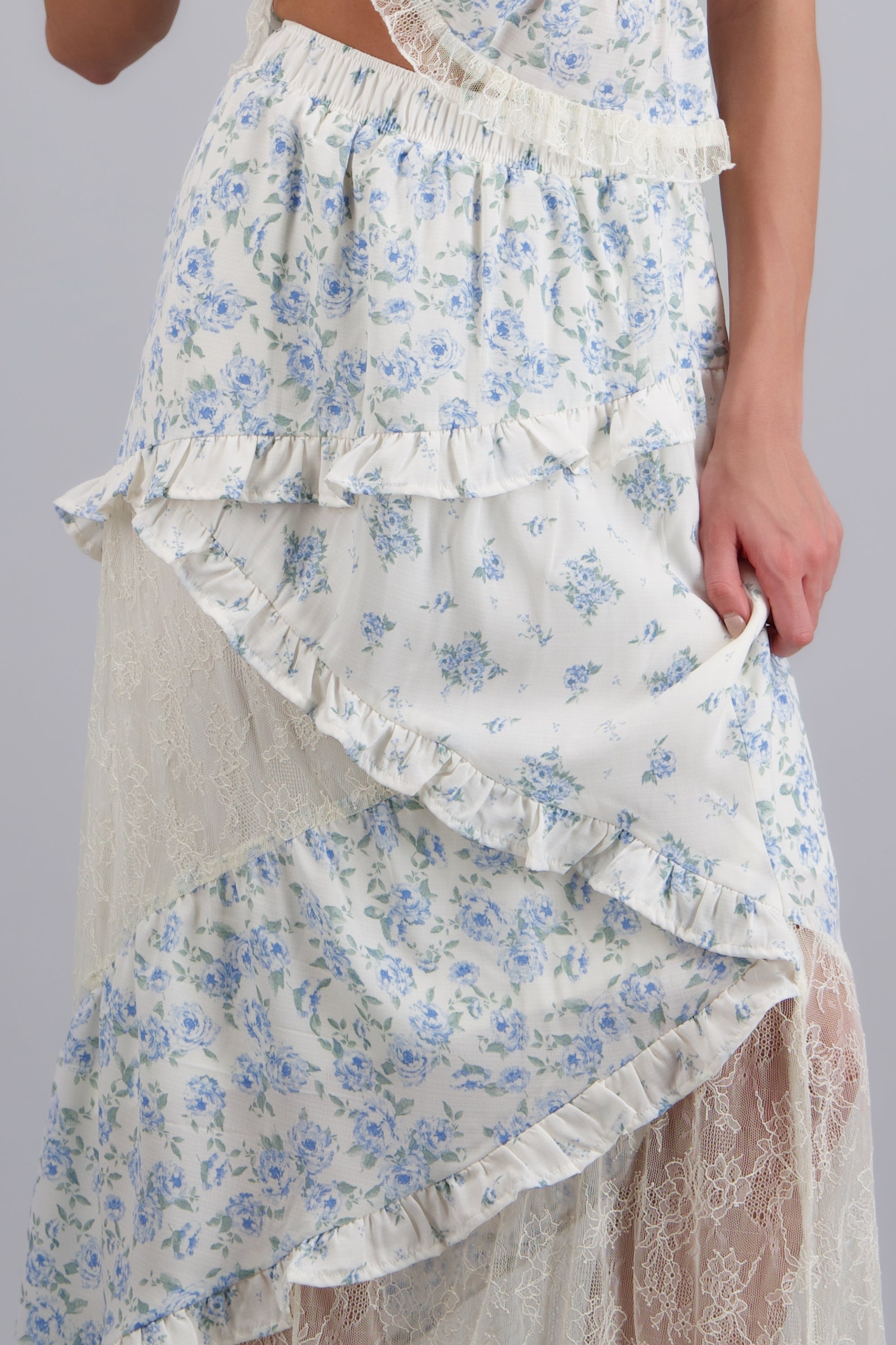 FALDA MAXI OLANES PATCHWORK AZUL COMBO