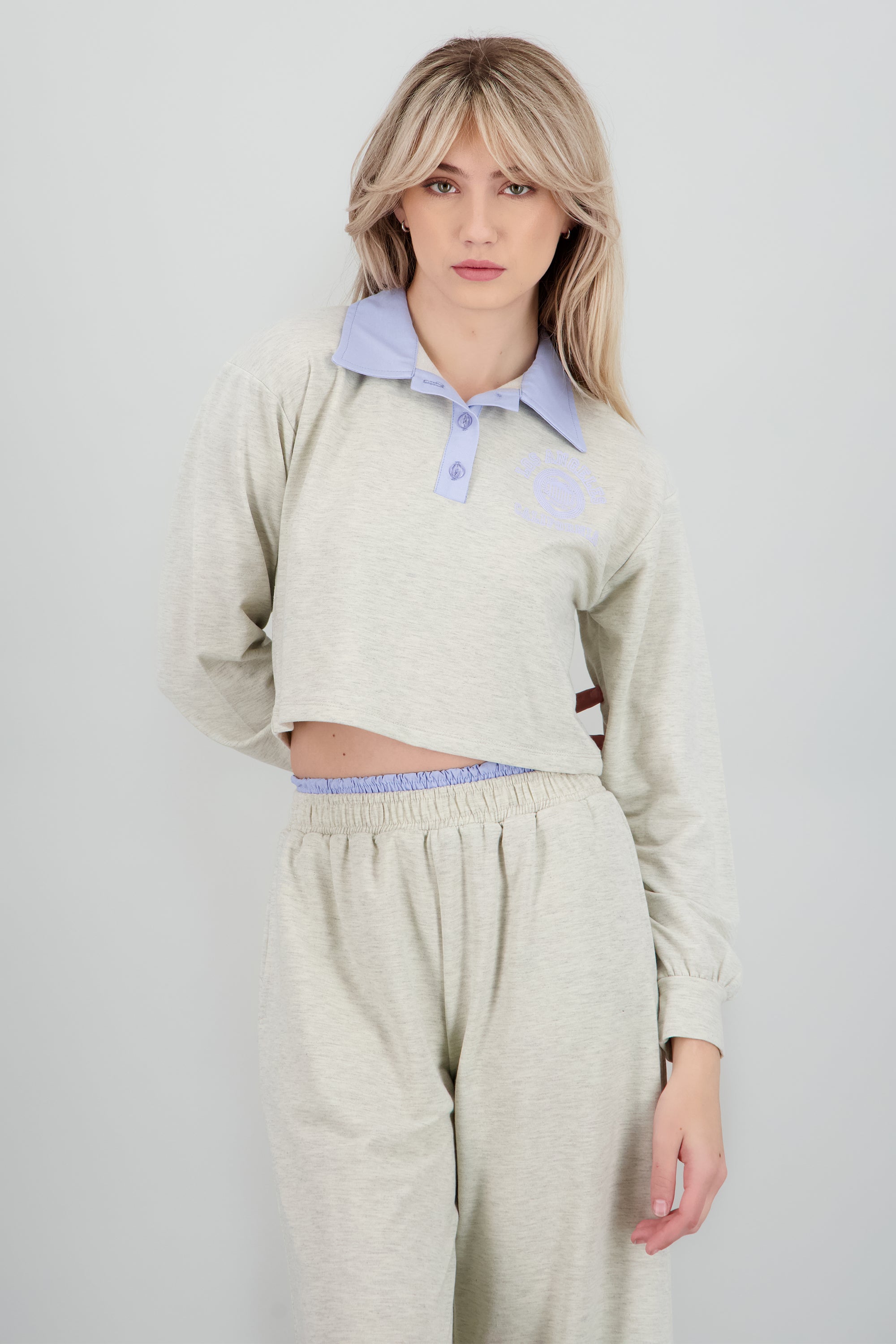 Sudadera estrampada detalle cuello polo GRIS JASPE