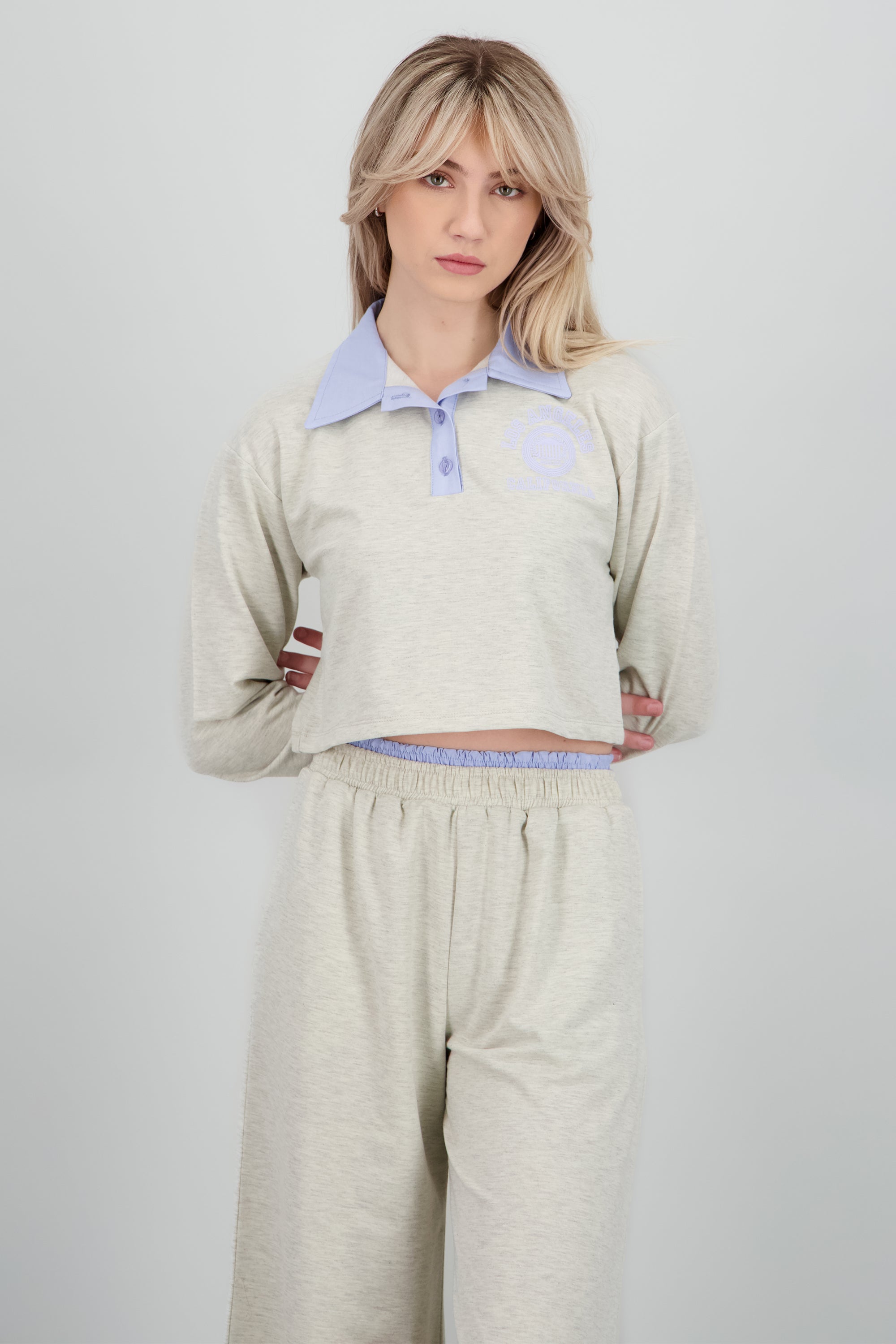 Sudadera estrampada detalle cuello polo GRIS JASPE