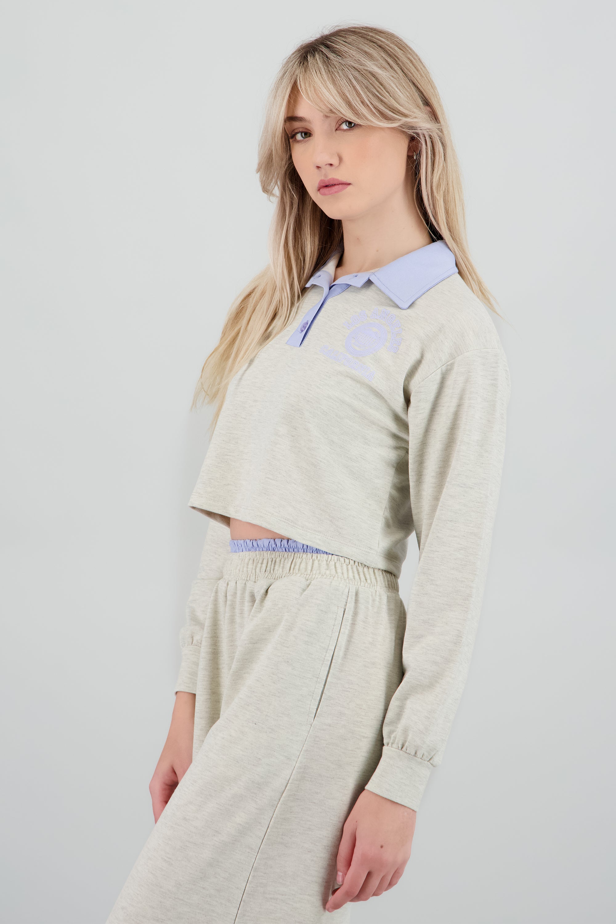 Sudadera estrampada detalle cuello polo GRIS JASPE