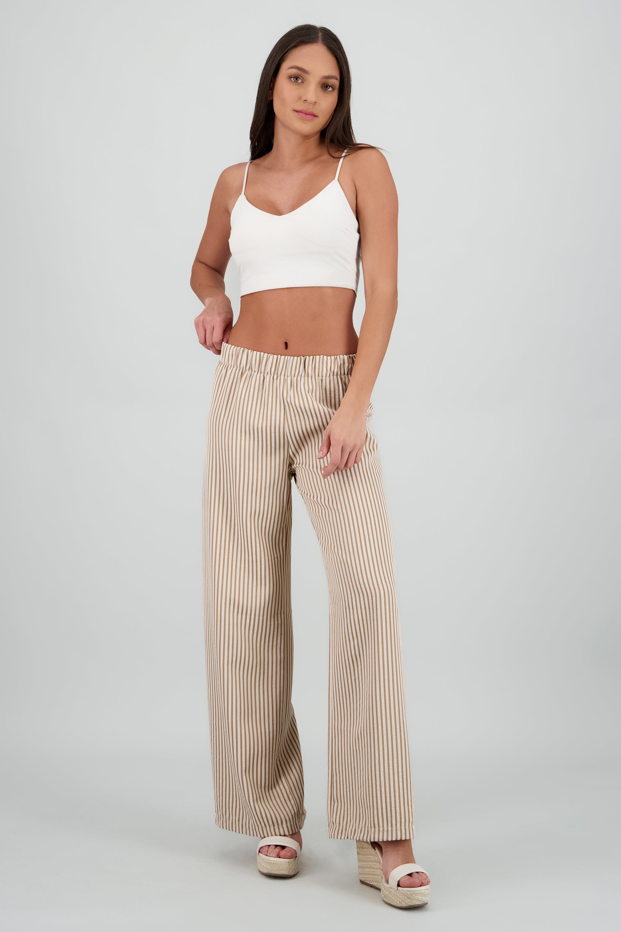 Pantalon fluido rayas detalle resorte CAFE COMBO