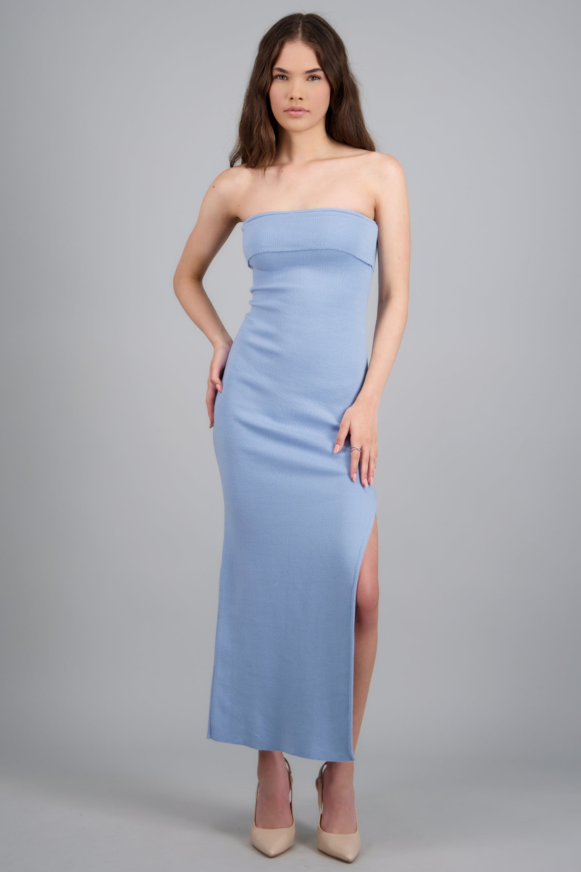 Vestido maxi doblez liso AZUL PASTEL