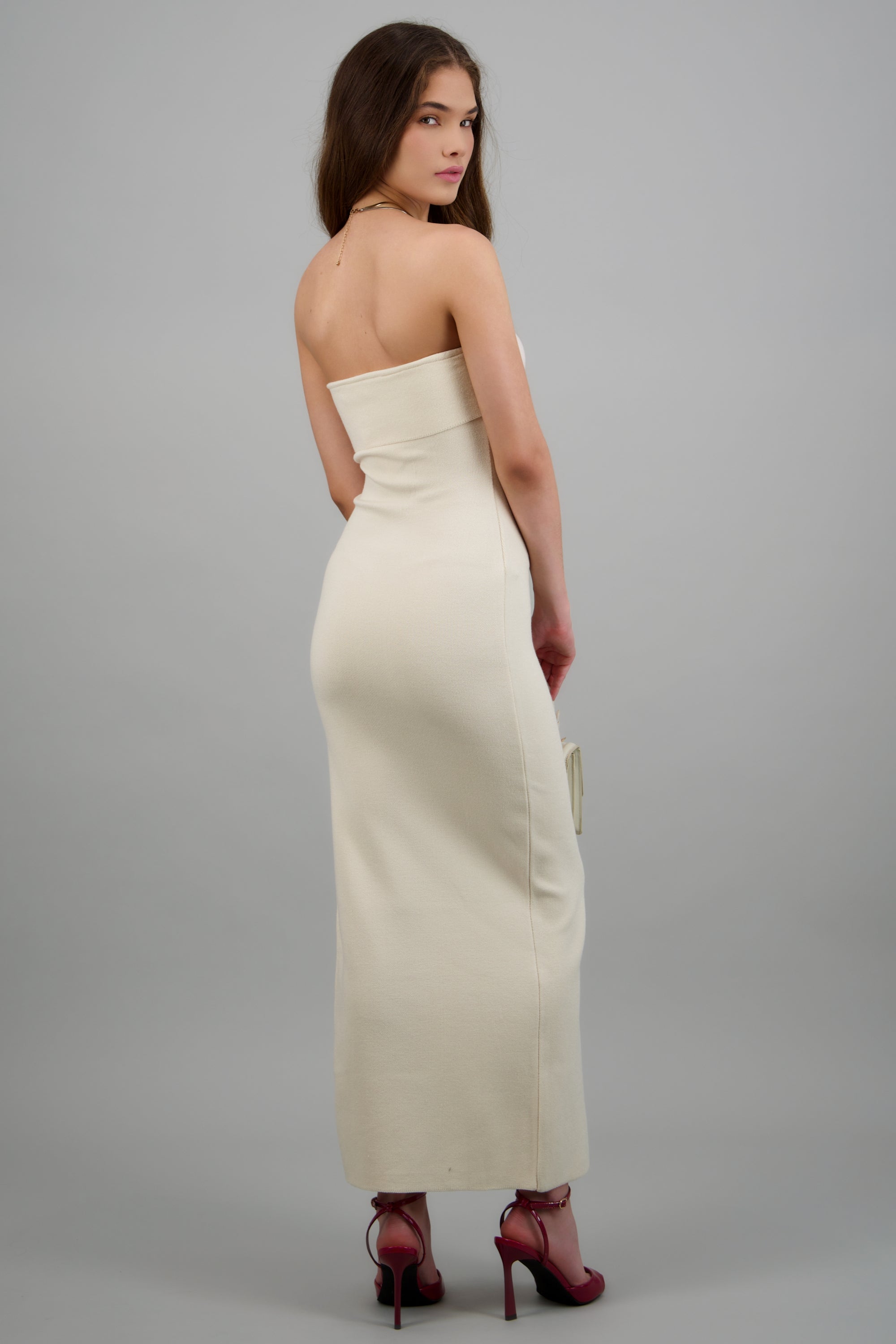 Vestido maxi doblez liso CREMA