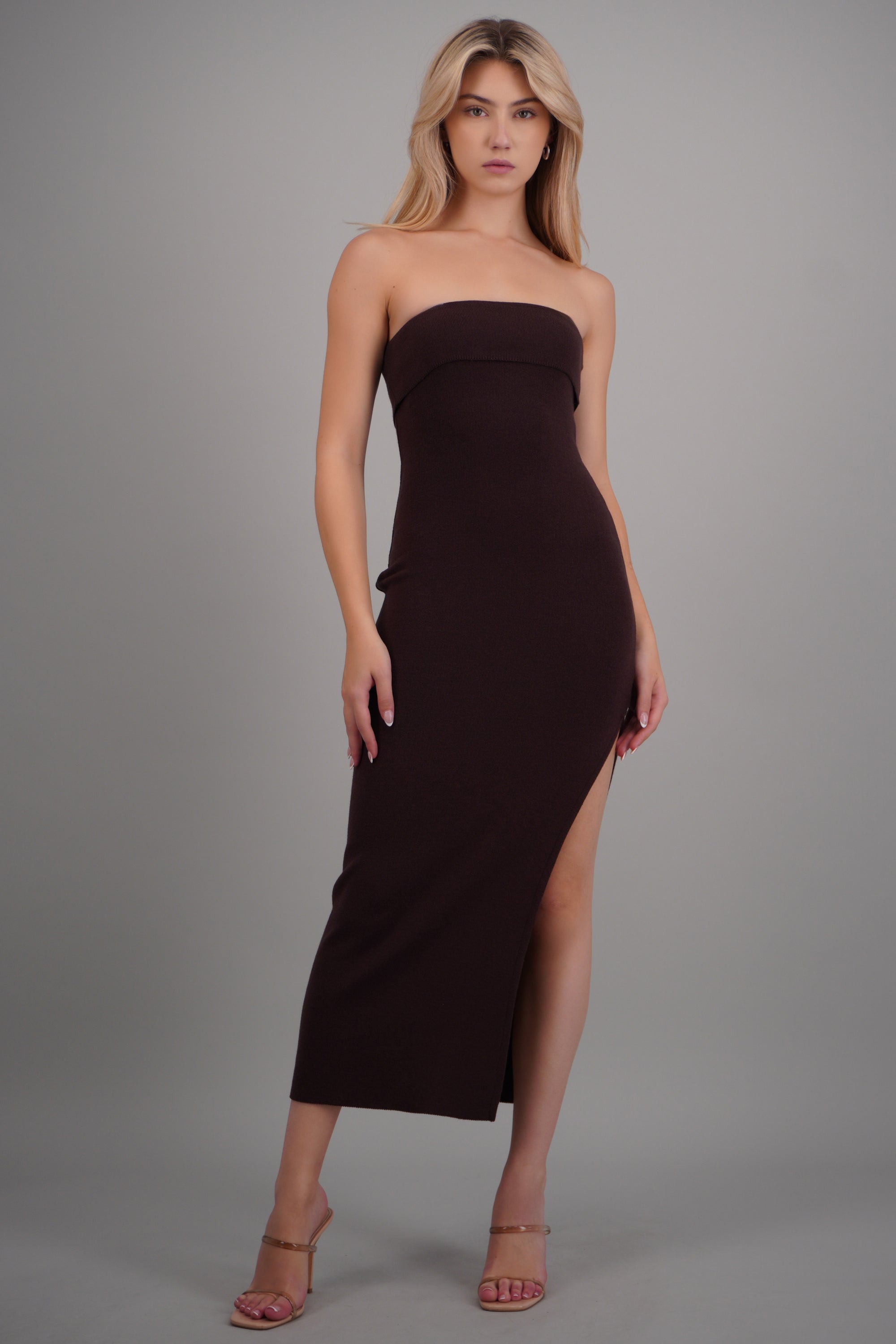 Vestido maxi doblez liso CHOCOLATE